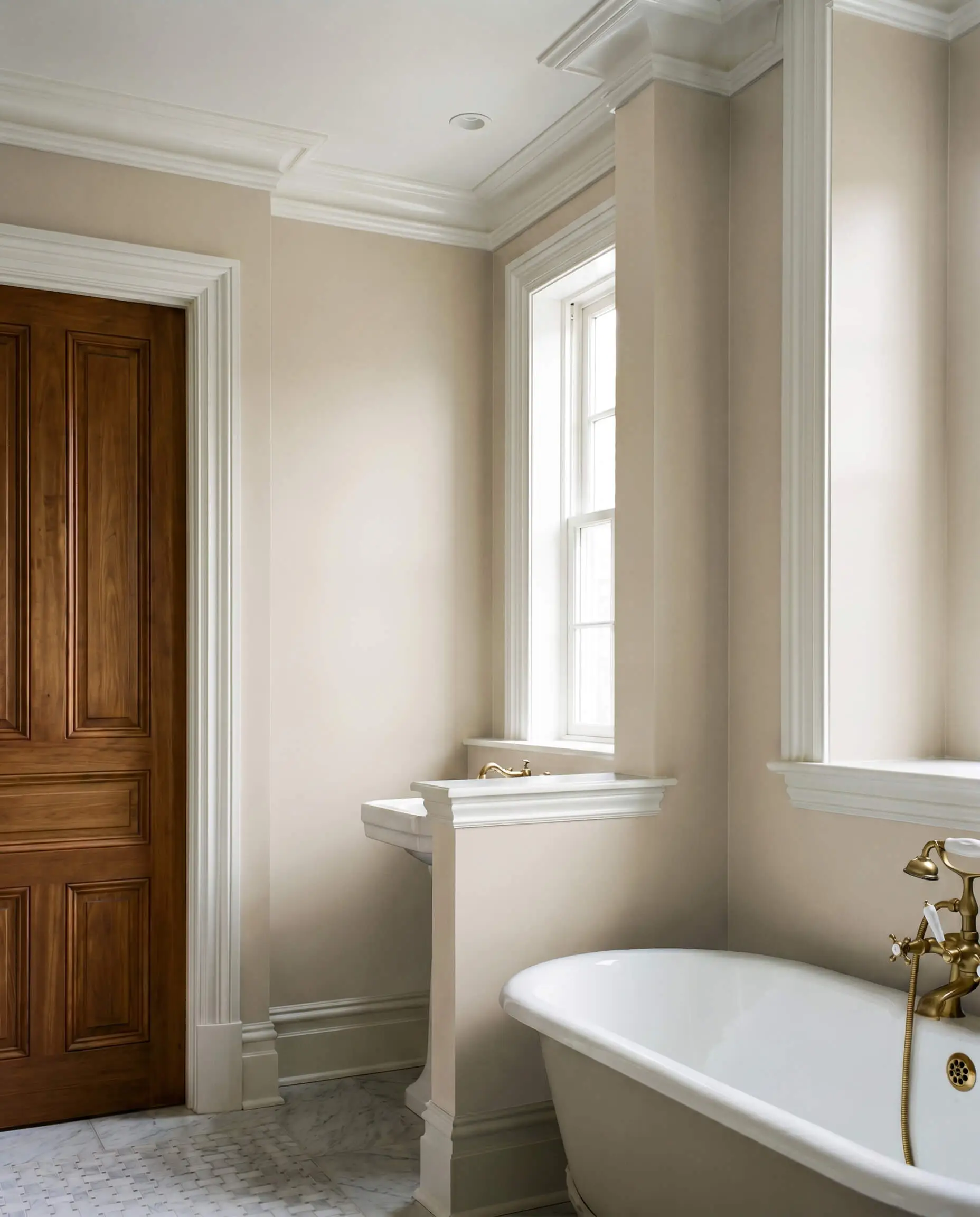 Crisp baseboards and crown molding painted in Chantilly Lace frame a paneled wooden door and a sliver of marble flooring.
