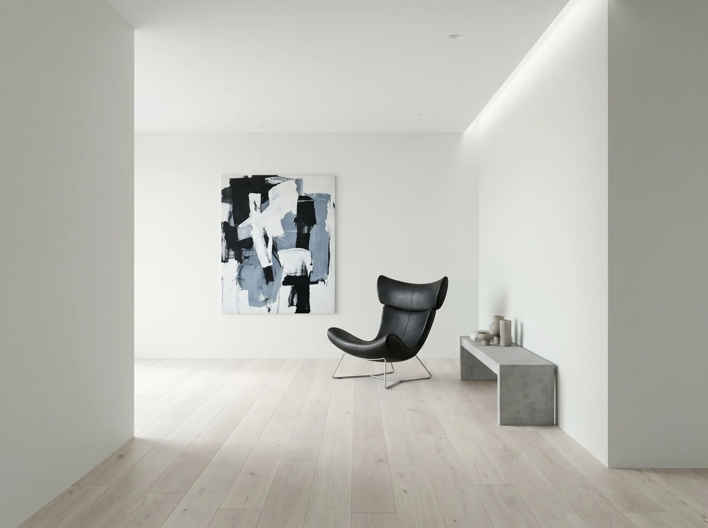 A modern black leather accent chair and large abstract canvas punctuate Benjamin Moore Chantilly Lace wall colors light oak flooring in this contemporary gallery.