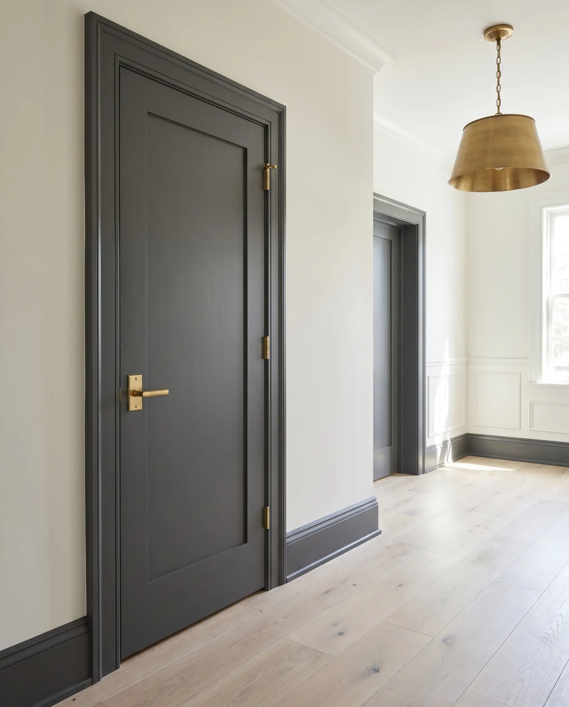 A crisp interior doorway features dark charcoal casing and baseboards contrasting sharply against pale alabaster walls alongside unlacquered brass door hardware.