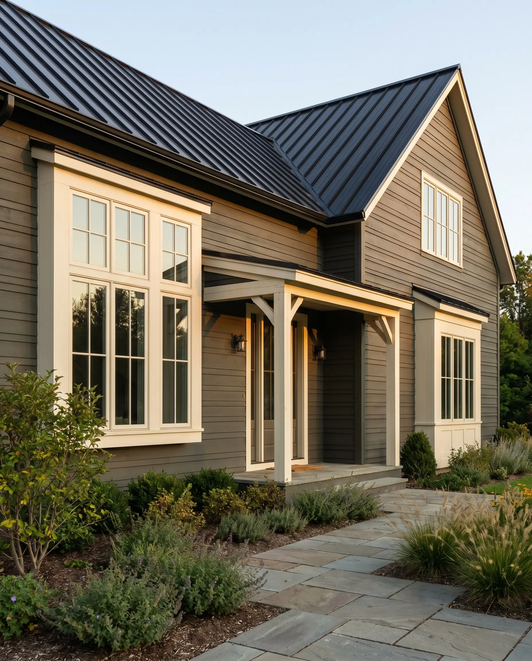 Rich charcoal-green exterior siding pairs with muted historical white trim and a sleek black standing-seam metal roof on a modern farmhouse build.