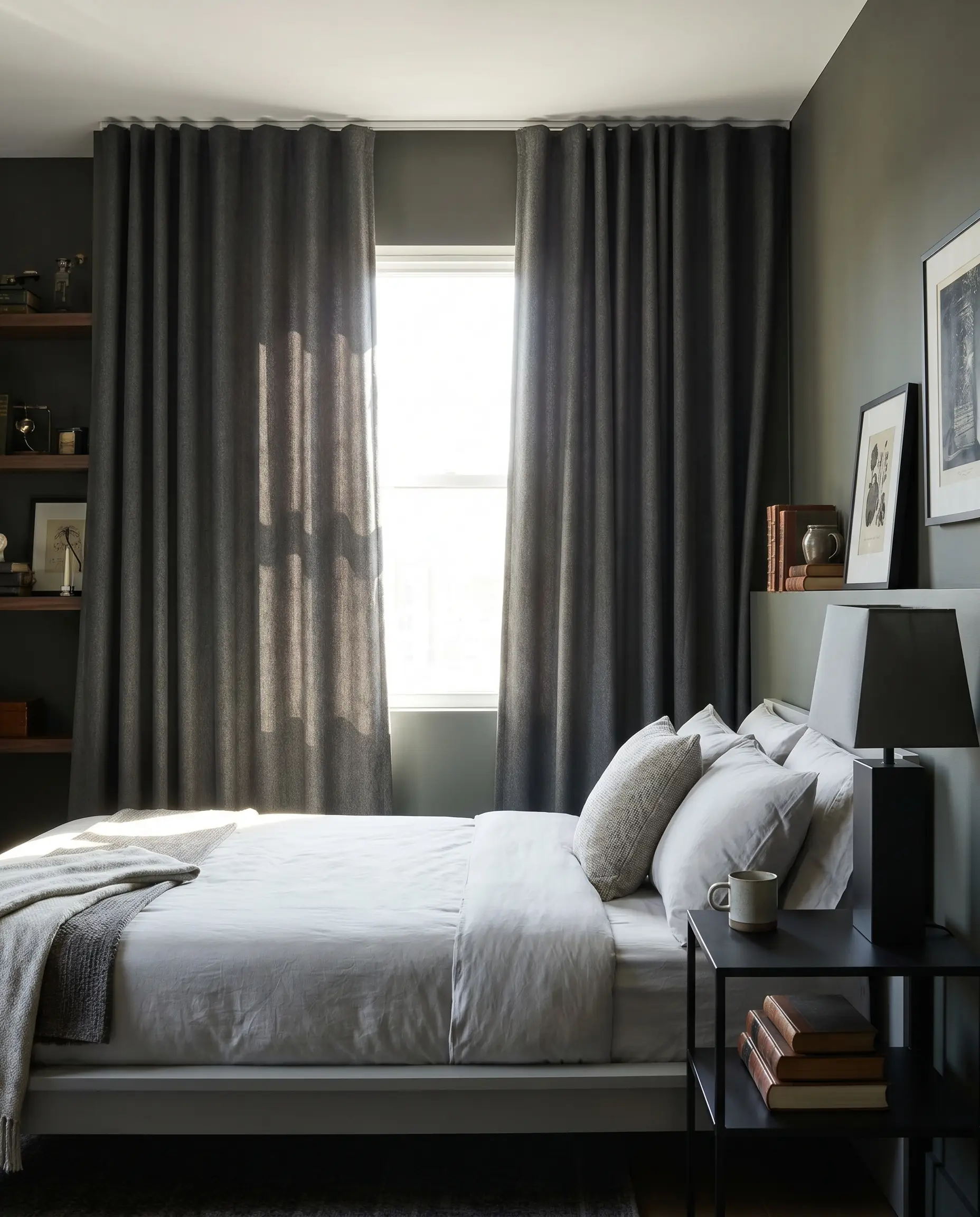 Dense charcoal grey worsted wool blend curtains hang beside a clean-lined platform bed and a matte black nightstand in a modernist bedroom.