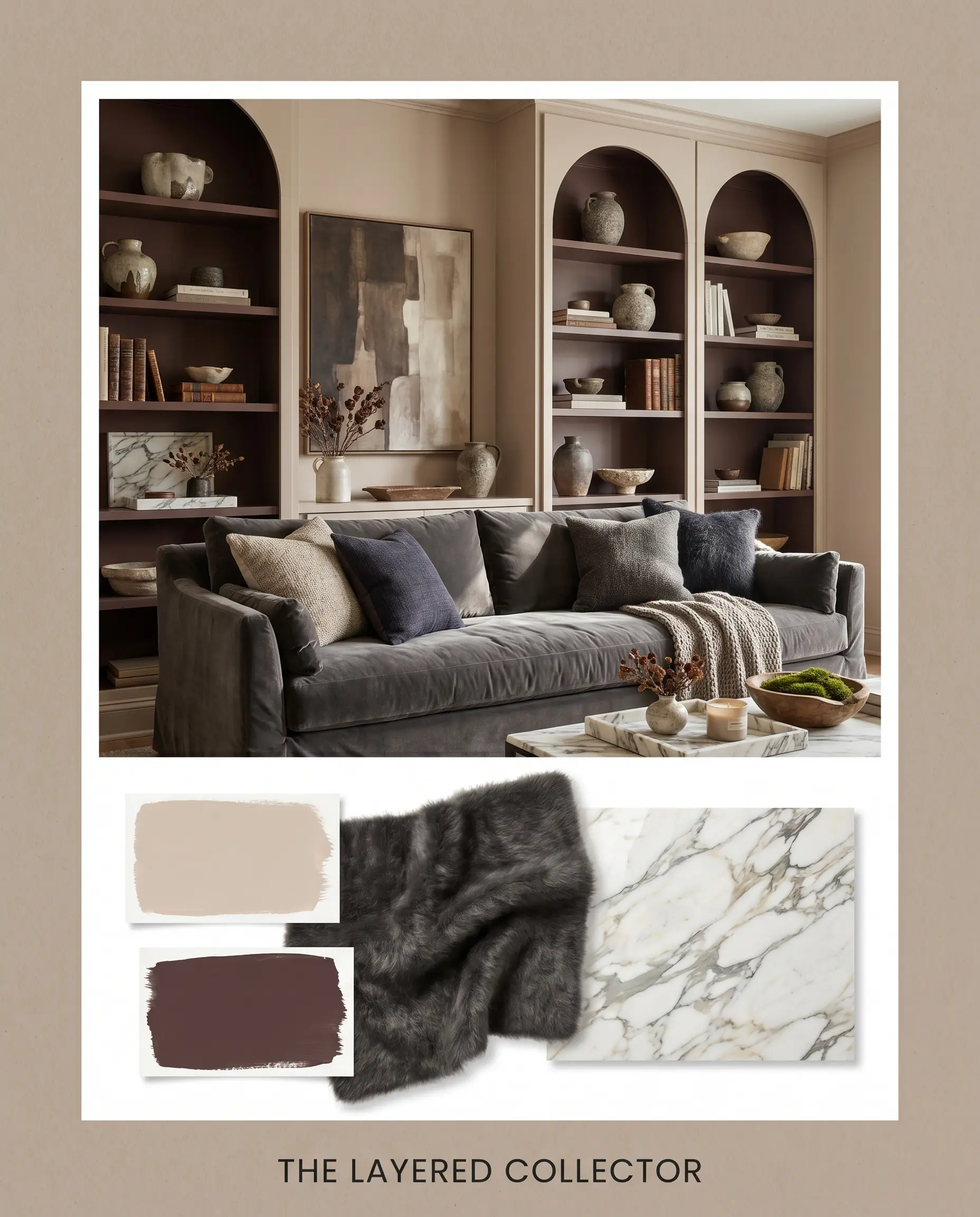 A luxurious charcoal mohair slipcovered sofa fronts dark built-in bookcases styled with wabi-sabi ceramics and heavily veined Calacatta marble trays.