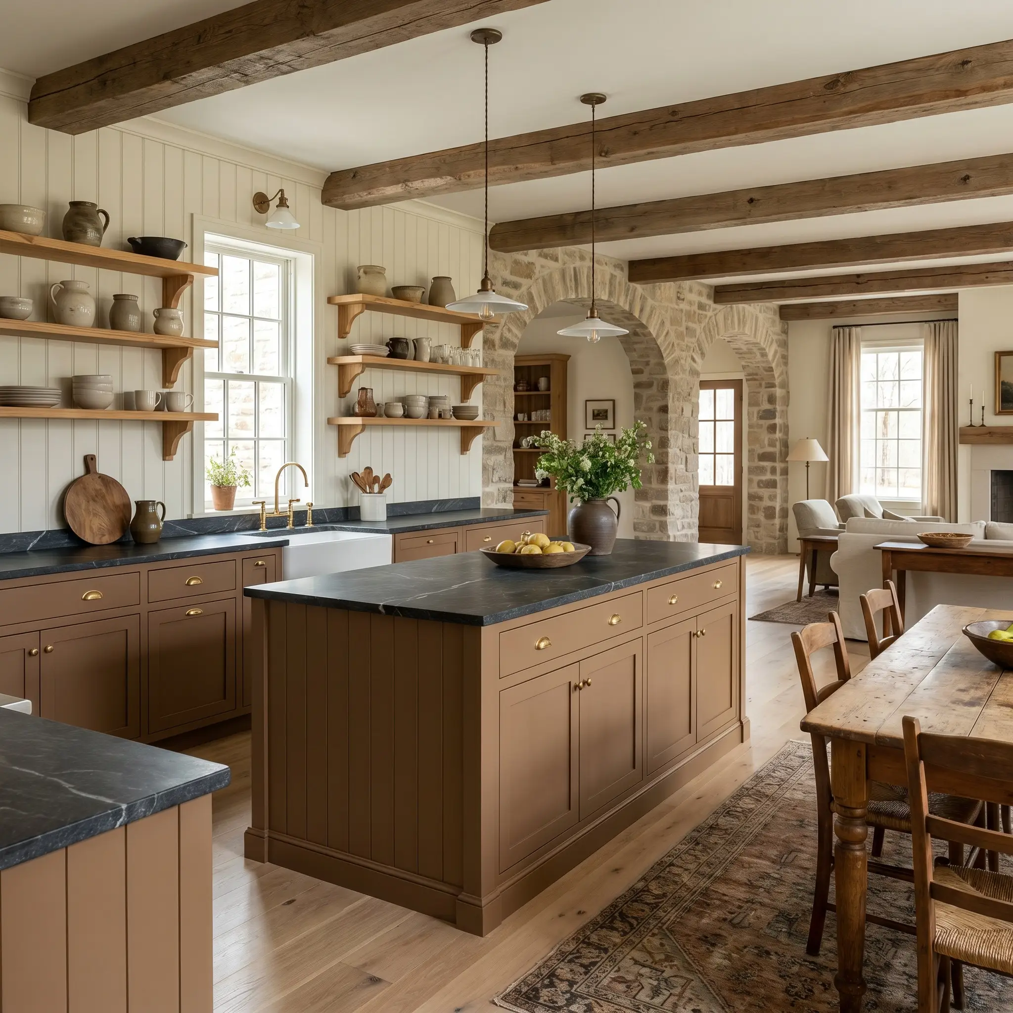 A premium charcoal-veined soapstone countertop rests on lower cabinetry painted in PPG Slippery Stone (Hex #8d6a4a), backed by warm-white beadboard and open pine shelving.