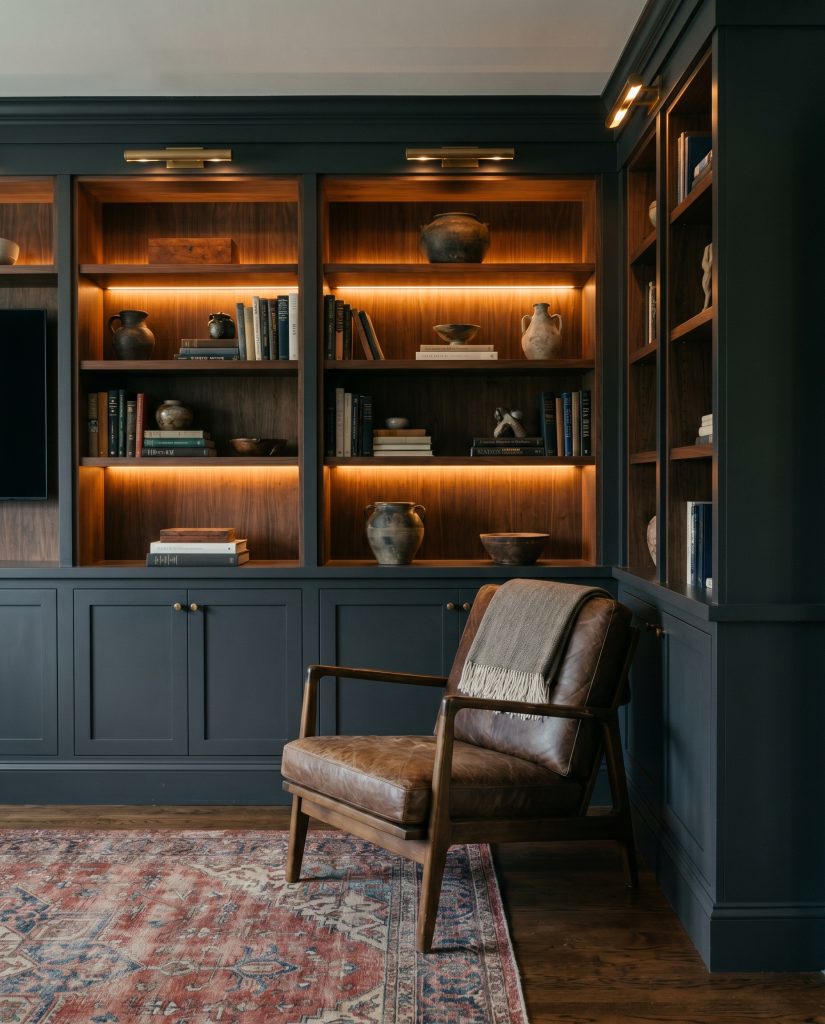 Deep charcoal satin finish built-ins frame rich walnut interior shelving filled with curated books, standing beside a comfortable leather reading chair.