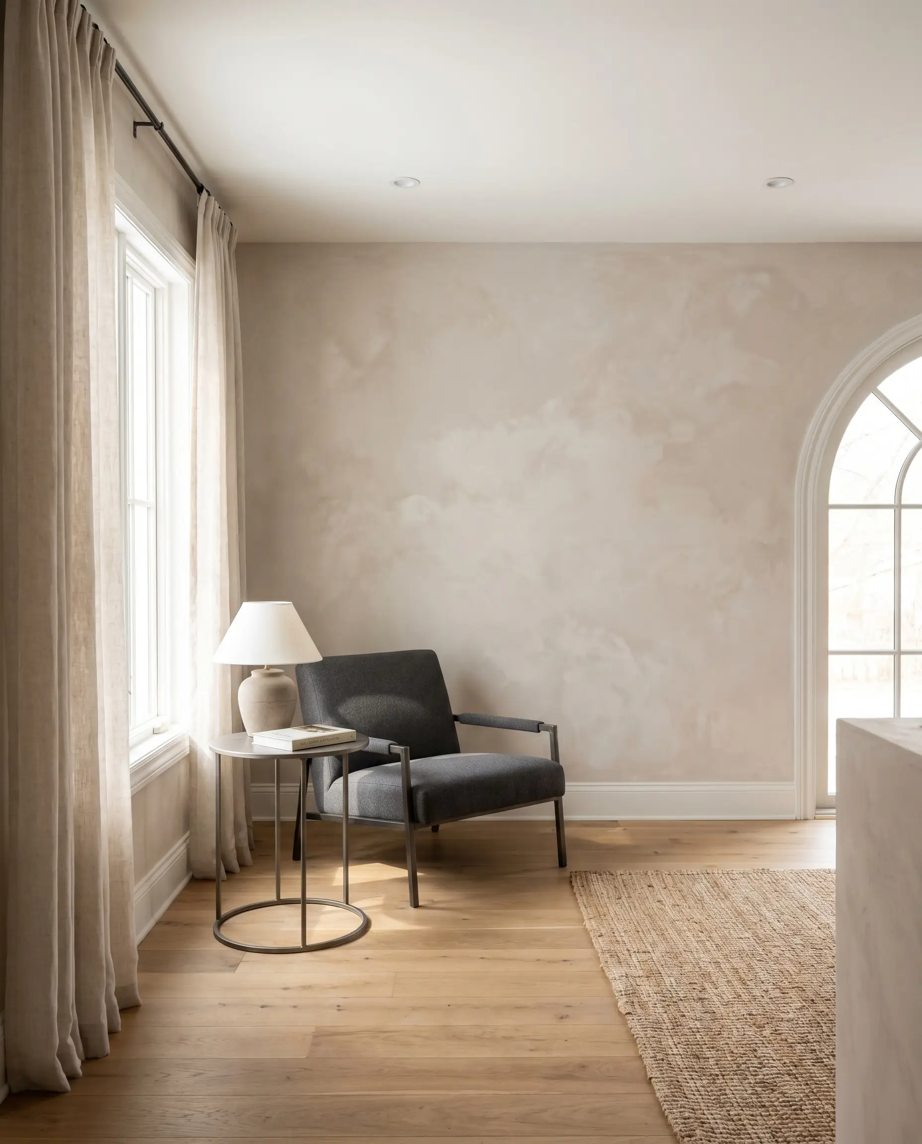 A contemporary reading chair and minimalist side table rest on warm white oak floors beneath Color Atelier Cheval pale taupe slaked limewash walls.