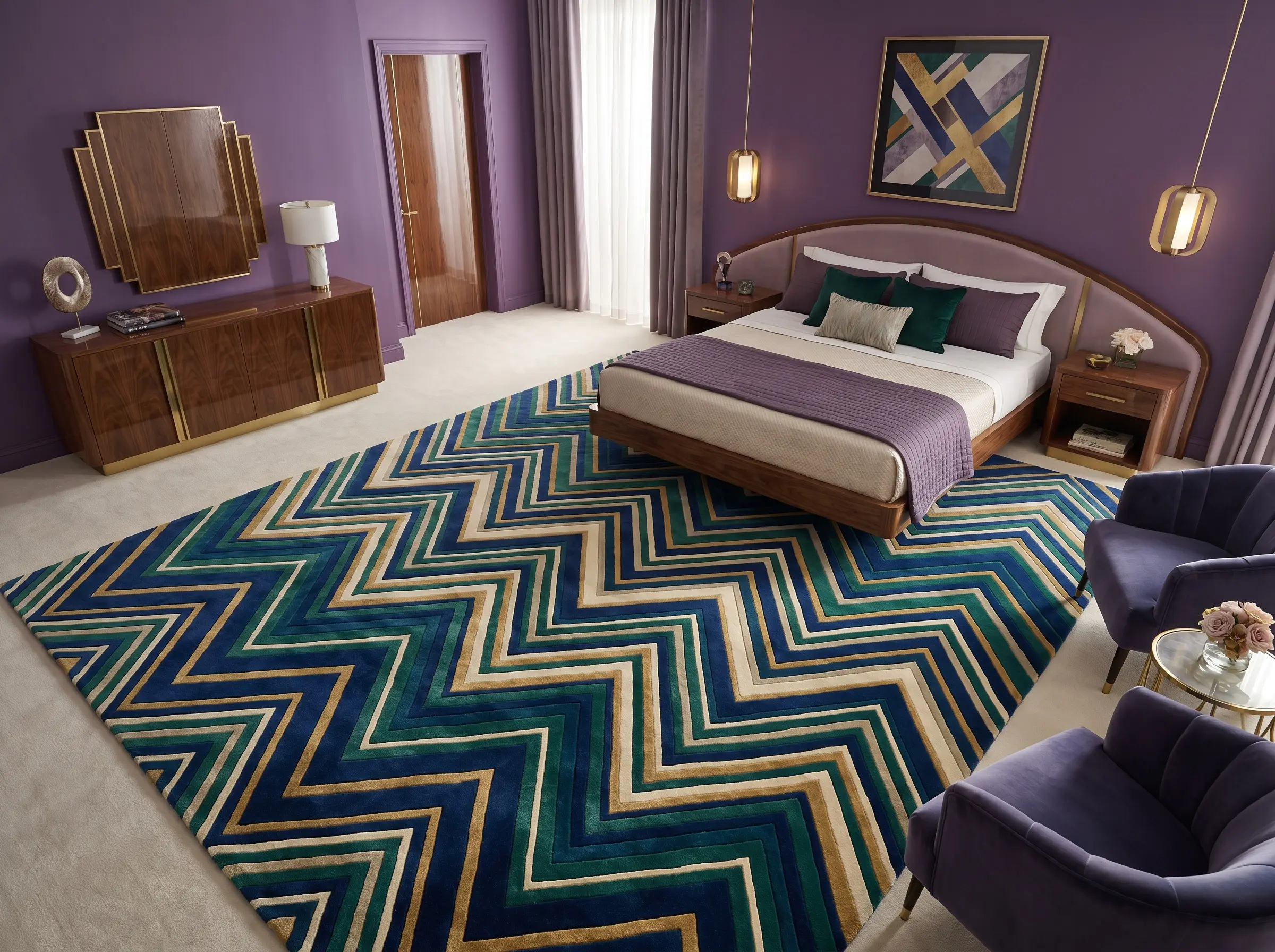 A dramatic chevron patterned hand-tufted wool and silk rug anchors the floor beneath a floating queen bed surrounded by sleek polished furniture.