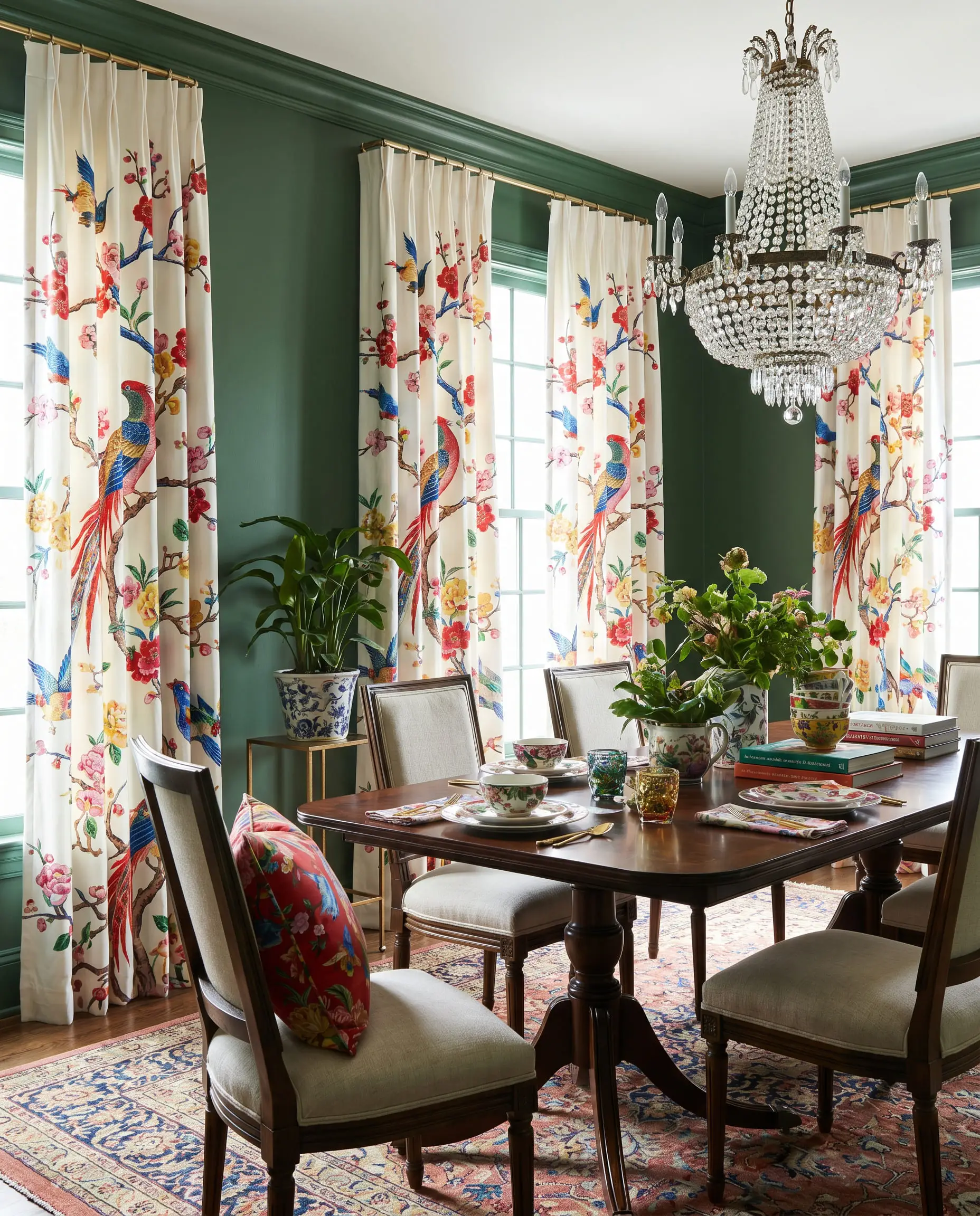 Polished cotton curtains featuring a sprawling Chinoiserie bird motif flank a dark wood dining table and upholstered chairs under a crystal chandelier.