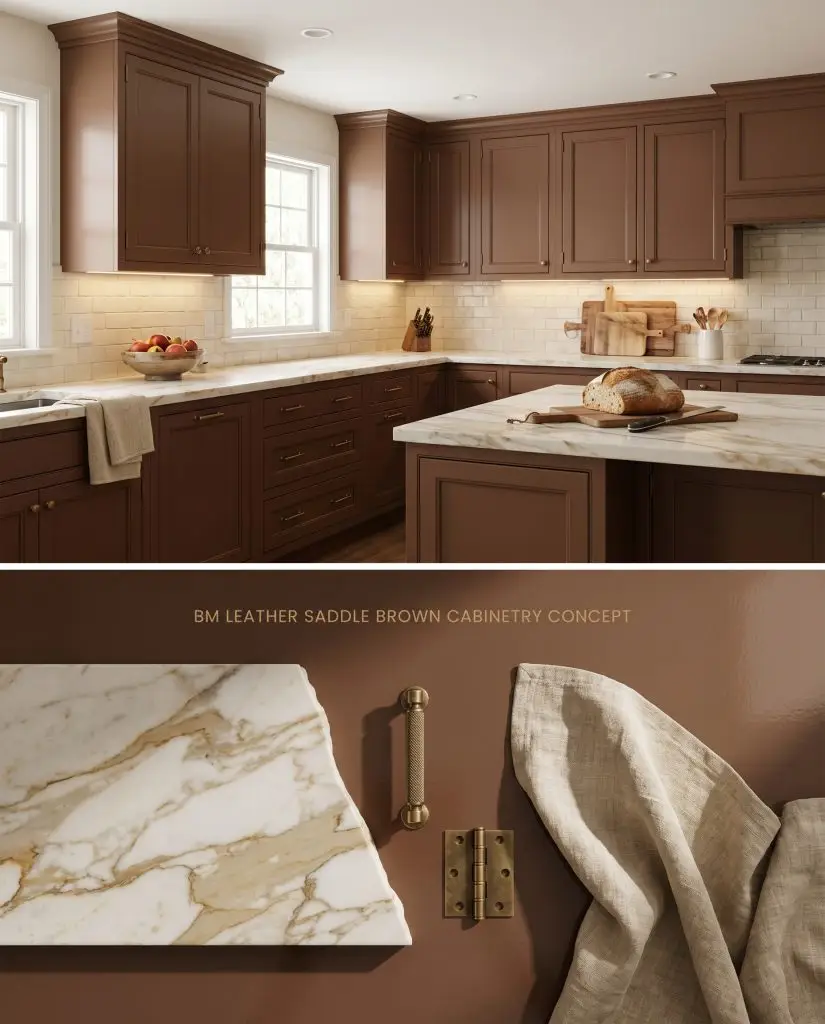 A composite digital layout presenting rich chocolate brown kitchen cabinetry on top, and a flat-lay of Calacatta Gold marble and antique brass below.