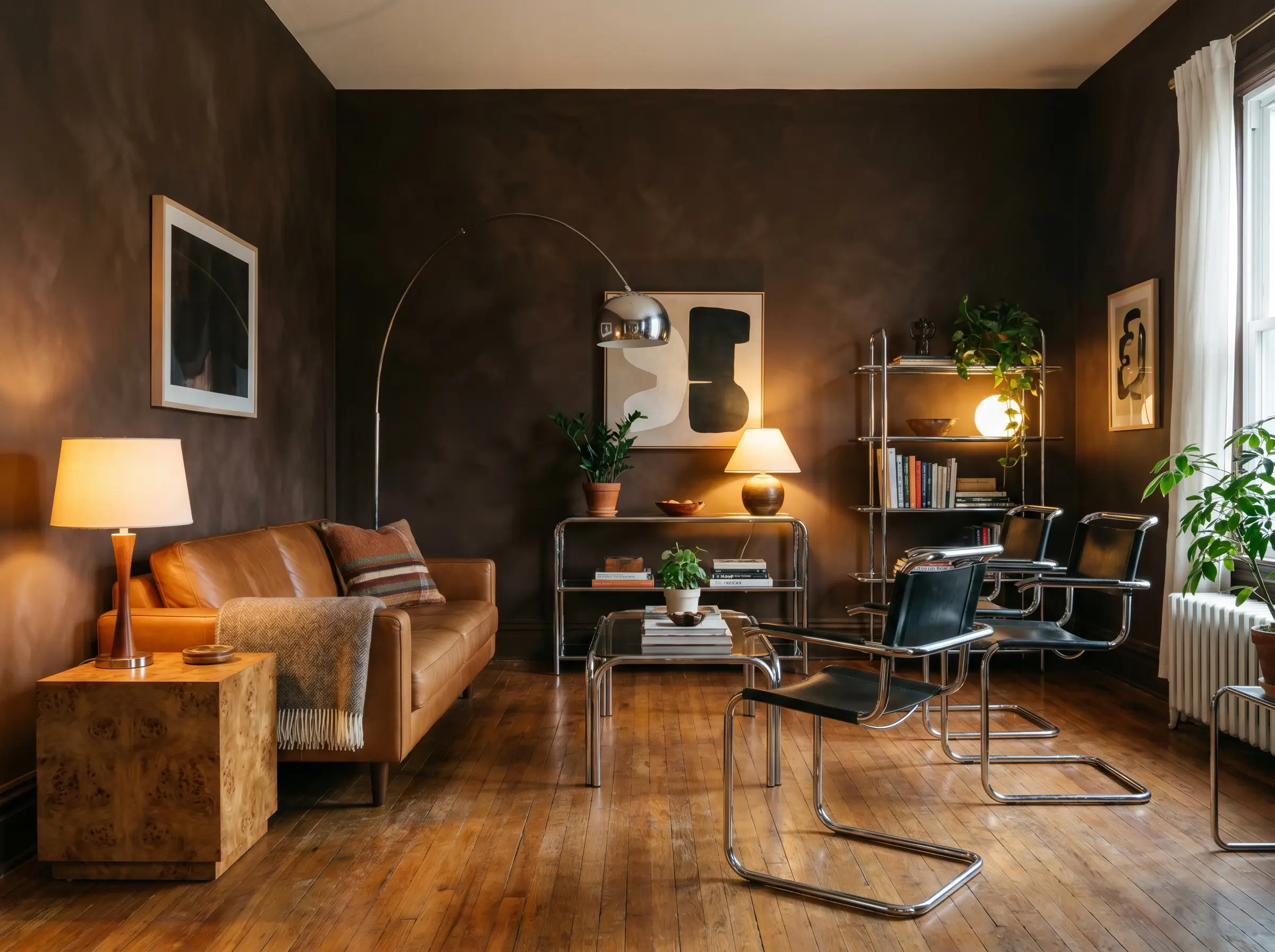 A low-slung cognac leather sofa and burl wood side table with polished chrome accents stand out against rich chocolate brown Portola Paints Zion walls.