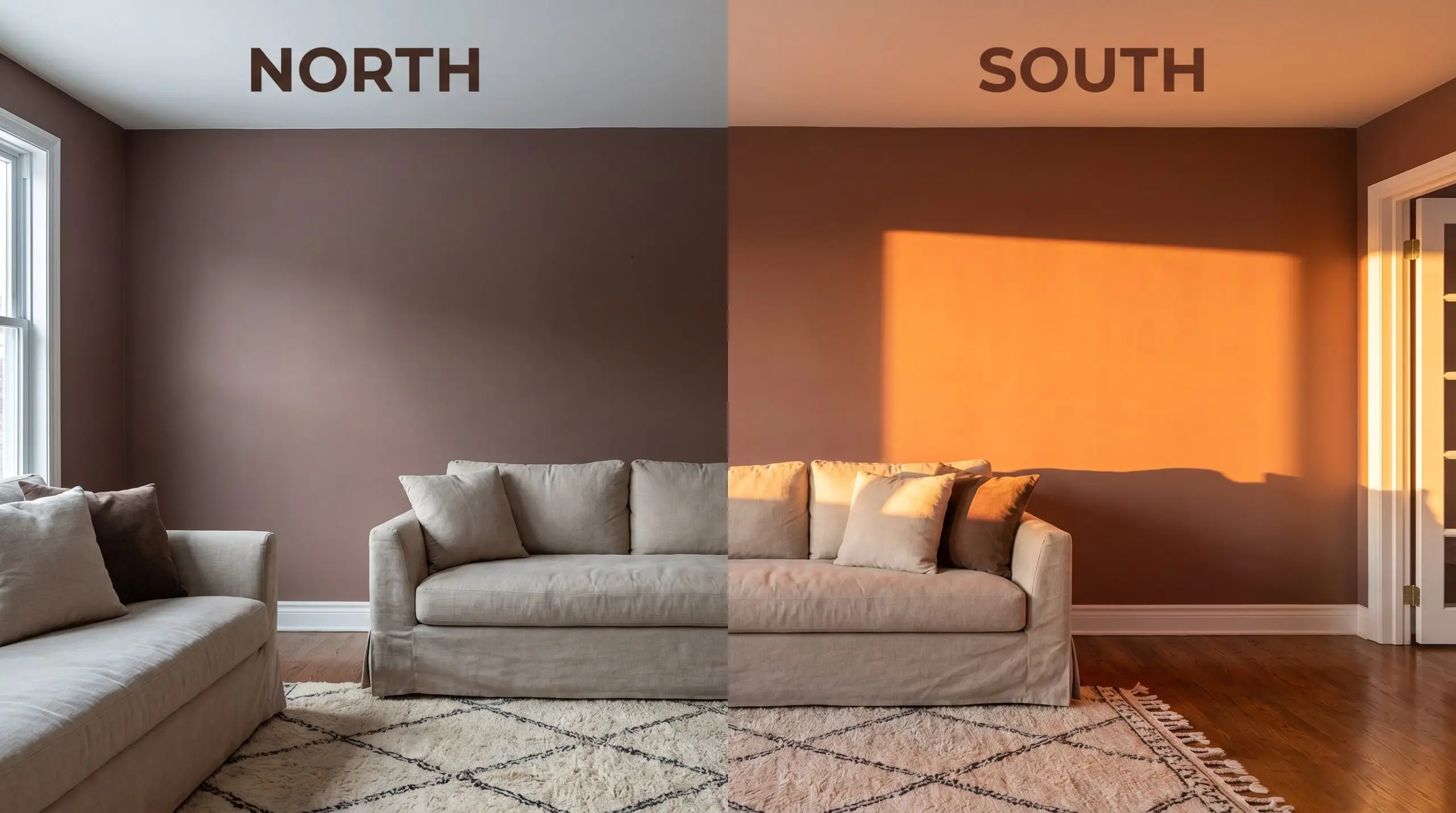 A continuous living room painted in PPG Oakwood Brown shifts from a muddy chocolate shadow in cool Northern light to a vibrant terracotta flare in warm Southern exposure.
