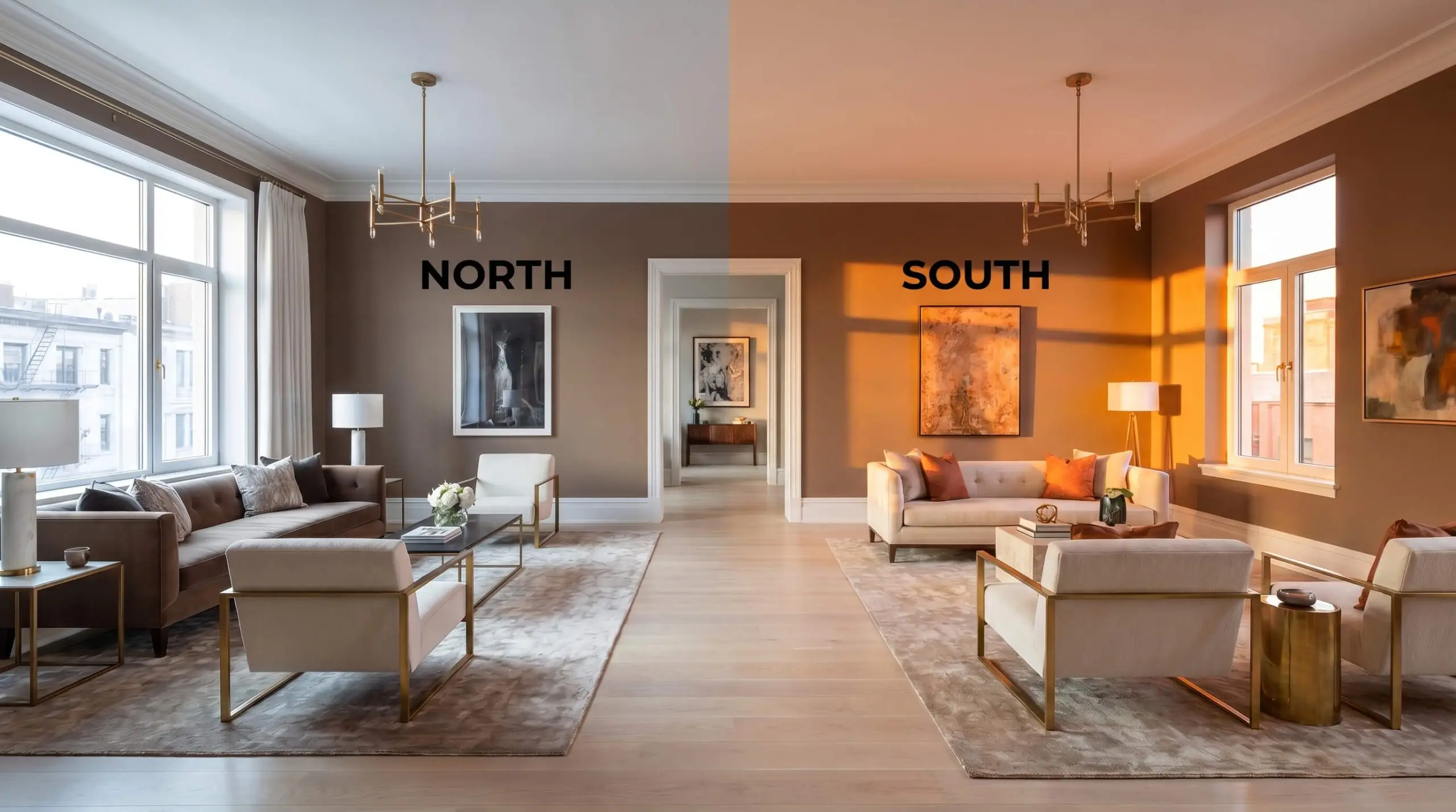A continuous living room split-screen demonstrates the chromatic profile shifting from subdued brown in cool Northern light to vibrant terracotta in warm Southern exposure.