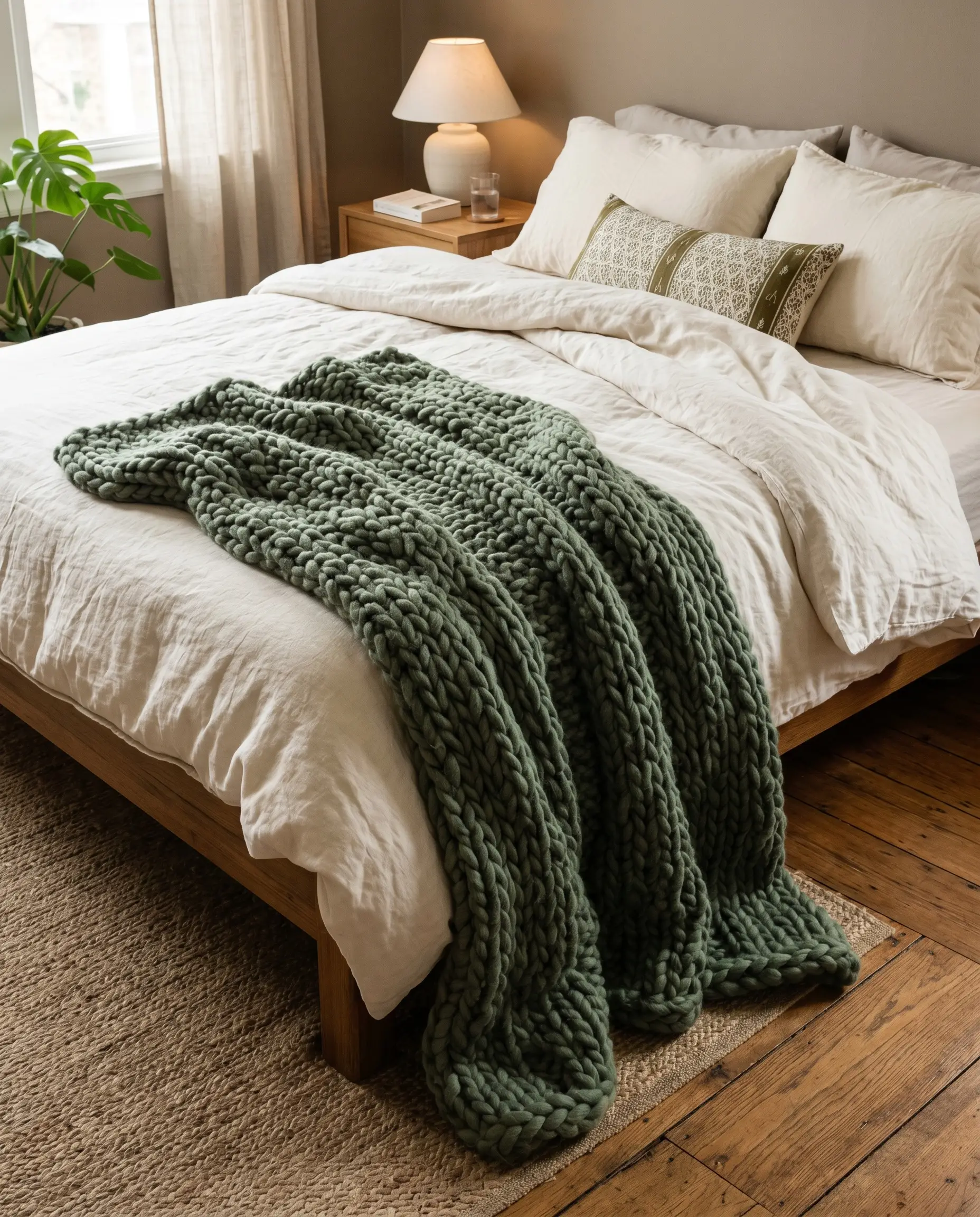 An oversized chunky sage green merino wool knit throw blanket drapes organically across vast cream bedding at the foot of the mattress.