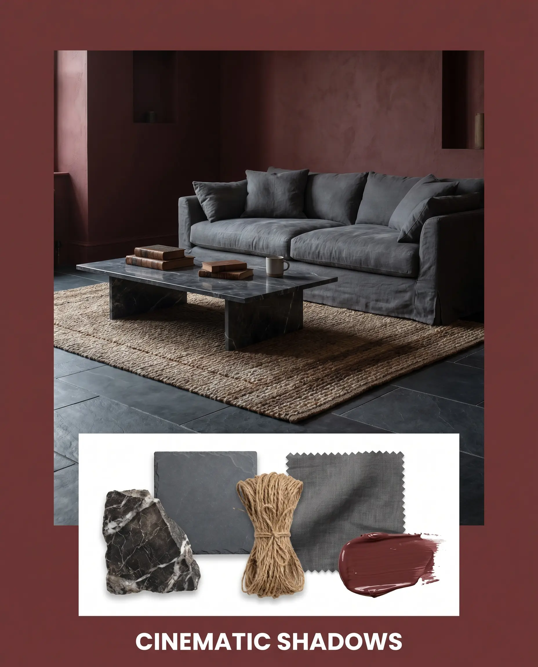 Honed slate flooring and a dark veined marble coffee table pair with Benjamin Moore Dinner Party walls above a flat-lay of jute fibers and charcoal linen.