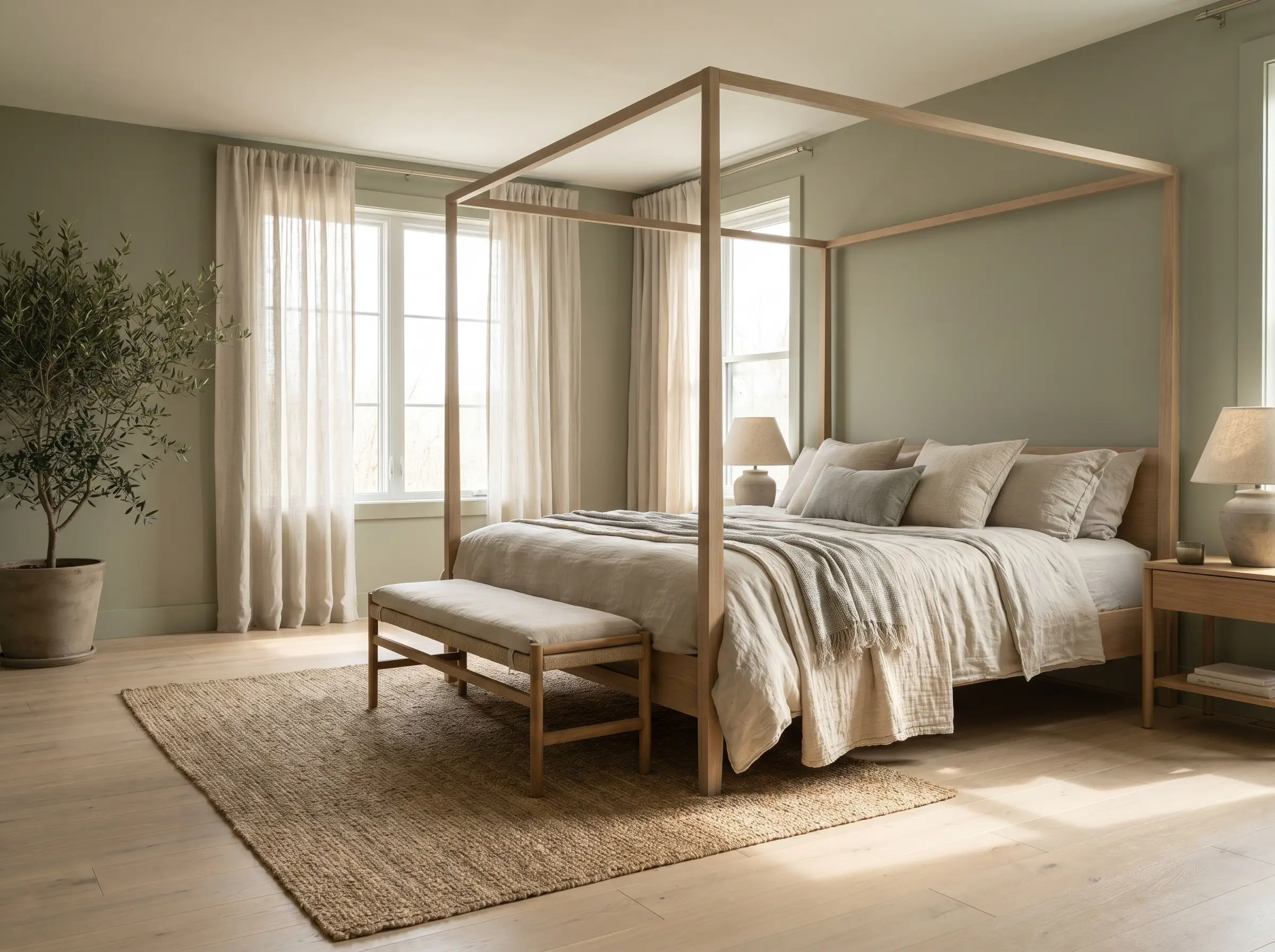 Natural linen textiles drape a contemporary canopy bed resting on pale oak floors surrounded by Sherwin-Williams Clary Sage green matte walls.