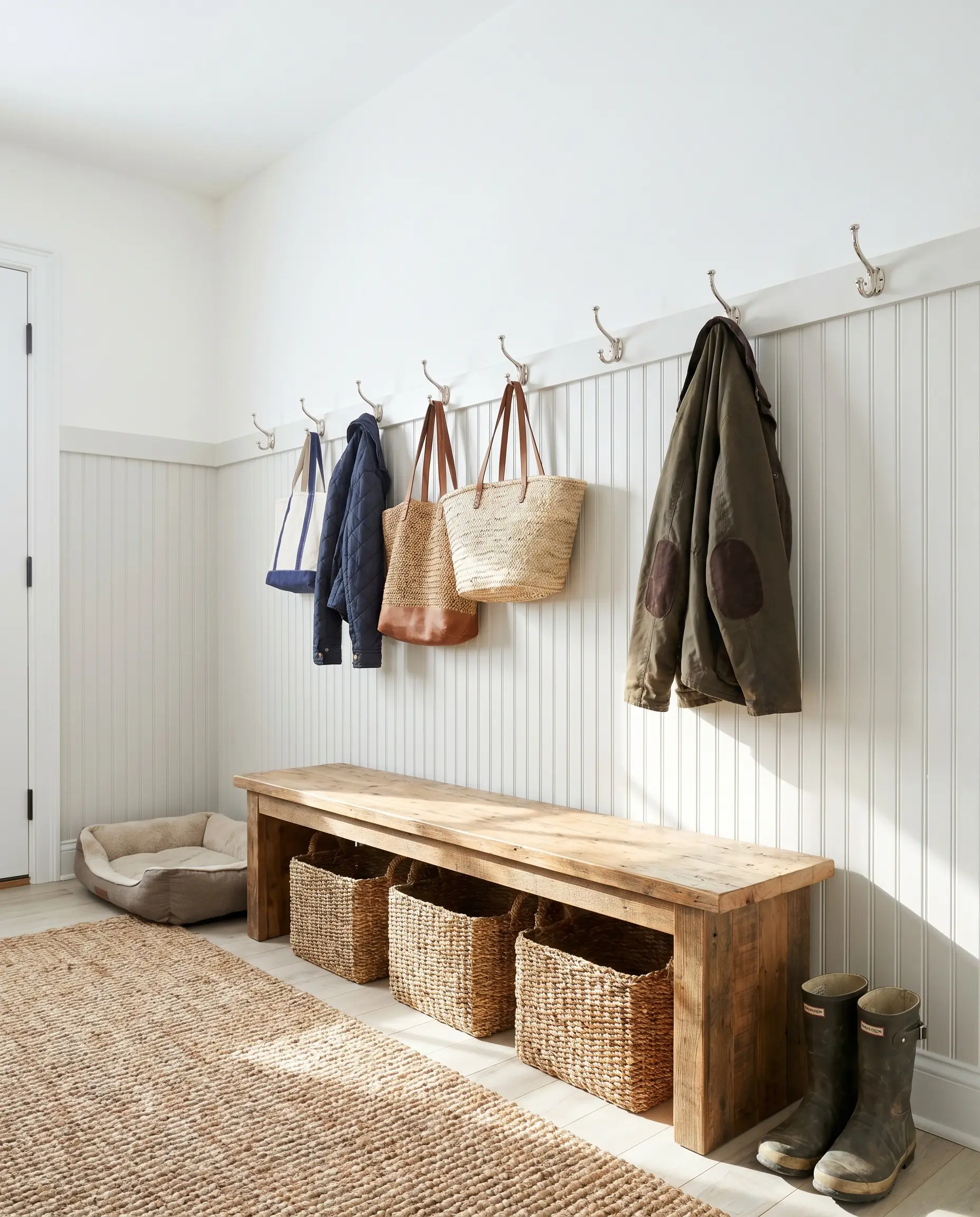 A reclaimed pine bench with woven baskets sits beneath cool-toned off-white beadboard wainscoting and polished nickel coat hooks in a classic mudroom.