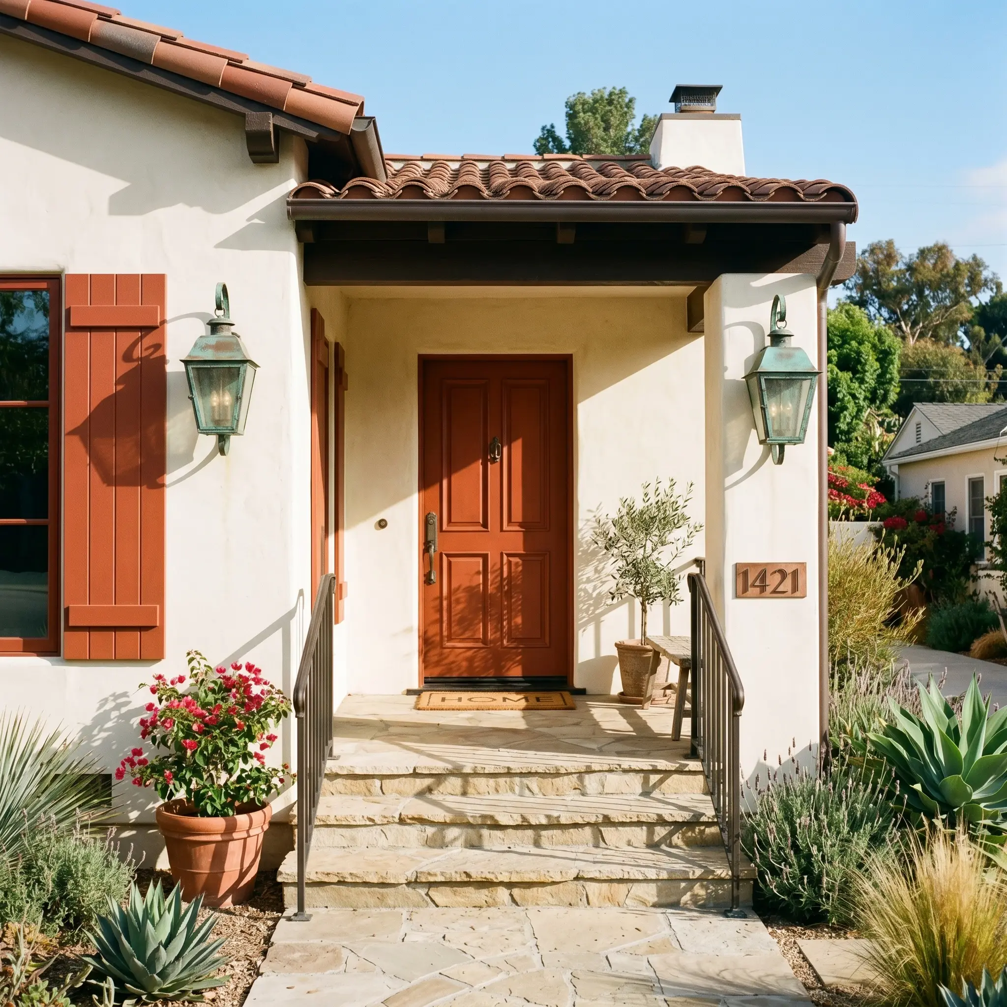 A classic front door and flanking exterior shutters painted in a fired brick hue stand out against creamy white stucco walls and natural limestone steps.