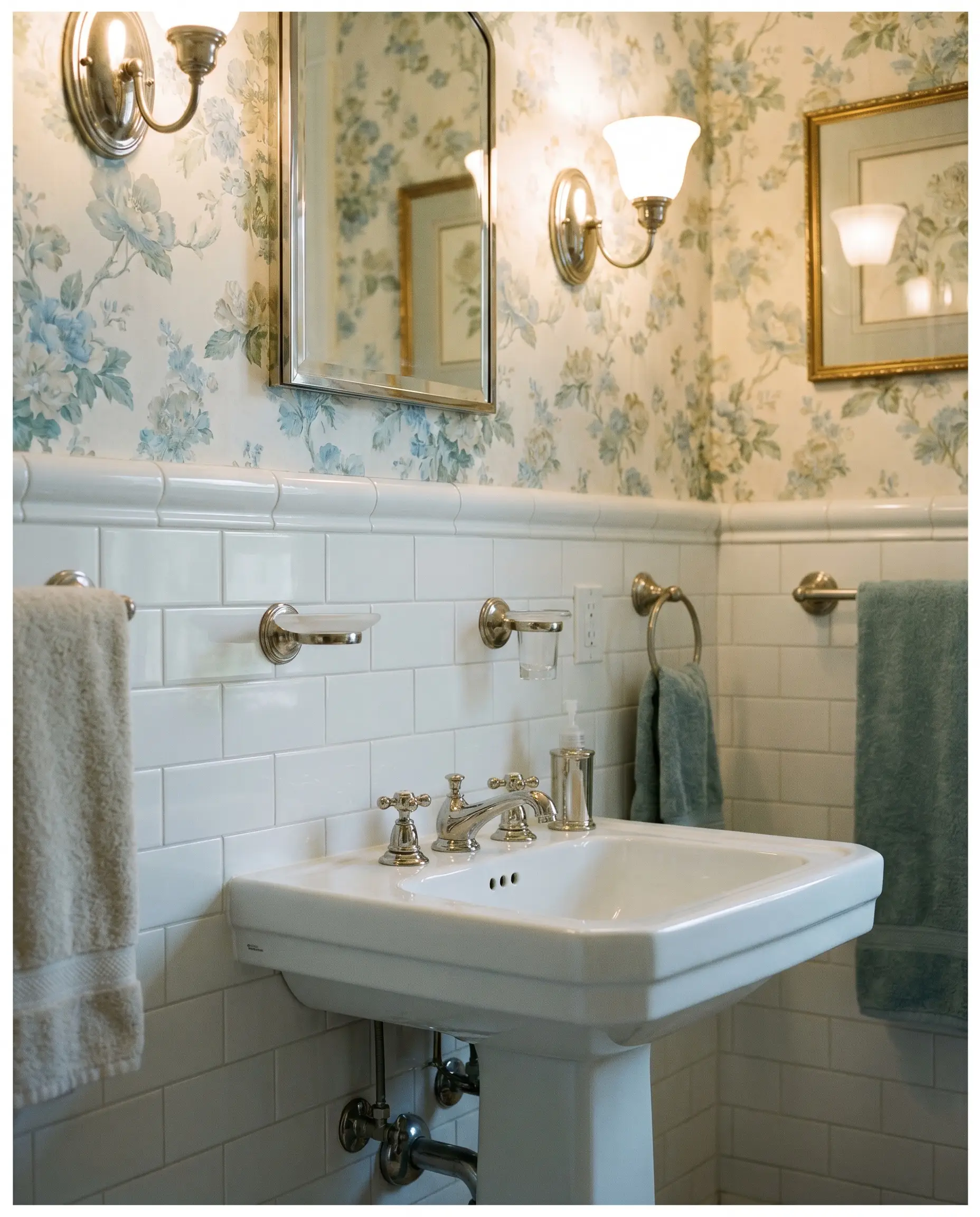 Classic white wainscoting capped with a ceramic pencil liner and bullnose trim sits behind a traditional pedestal sink and below soft floral wallpaper.