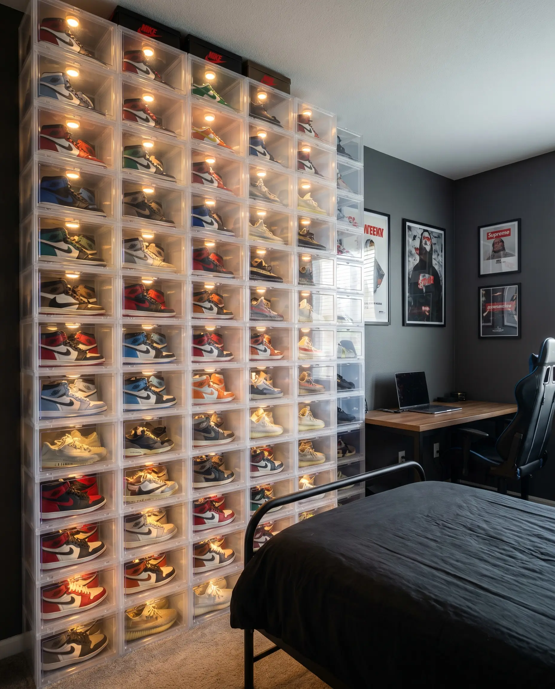 Stacked drop-front clear acrylic sneaker display boxes form a massive wall unit illuminated internally by wireless LED puck lights against a dark backdrop.