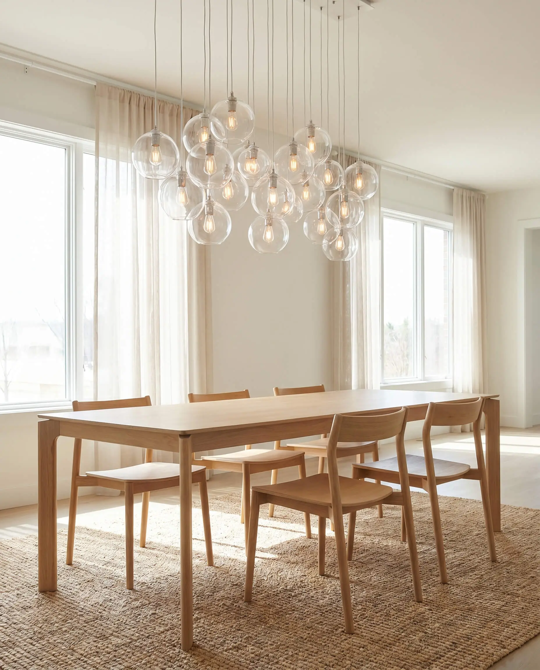 A cluster of hand-blown clear glass globes acts as statement lighting for low ceilings above a Scandi-modern dining table surrounded by light oak chairs.