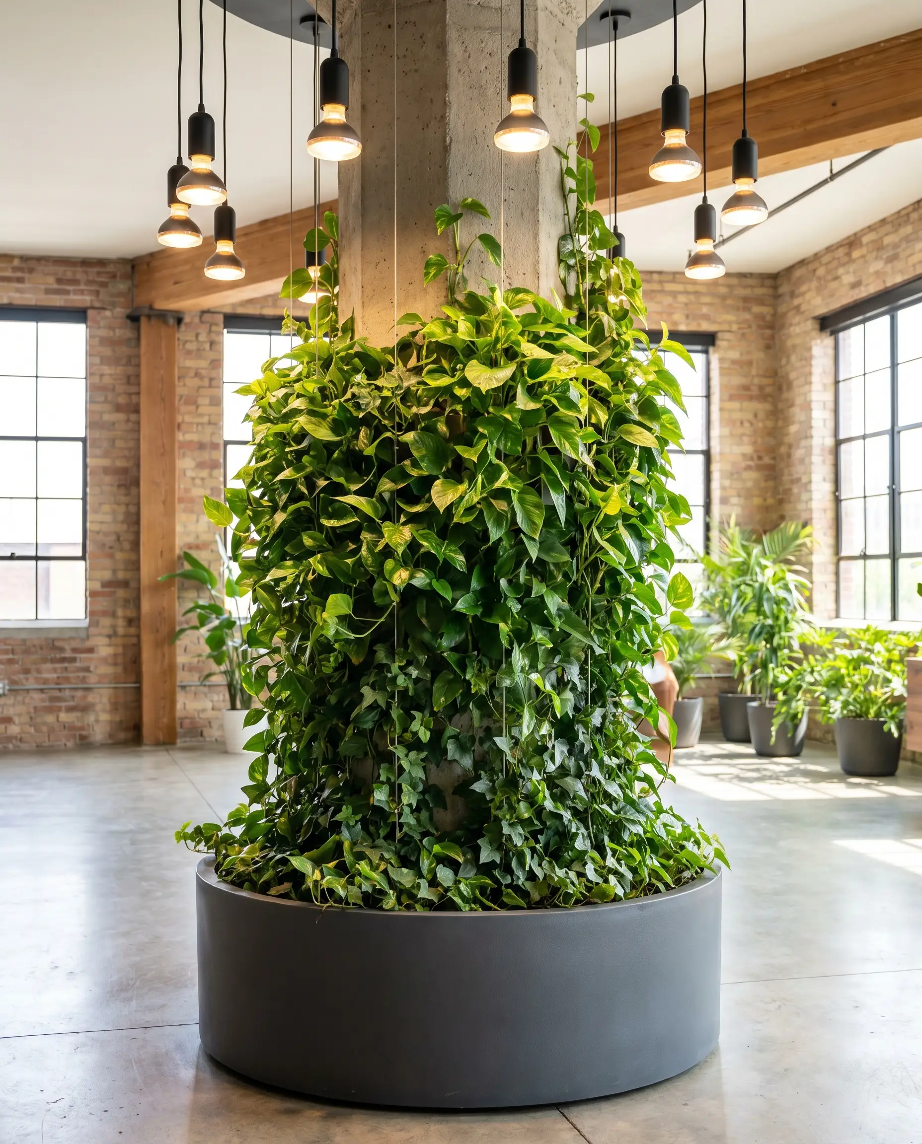 A stainless steel cable tension-wire trellis system wrapped in trailing Golden Pothos and English Ivy surrounds a structural support in a biophilic modern loft space.