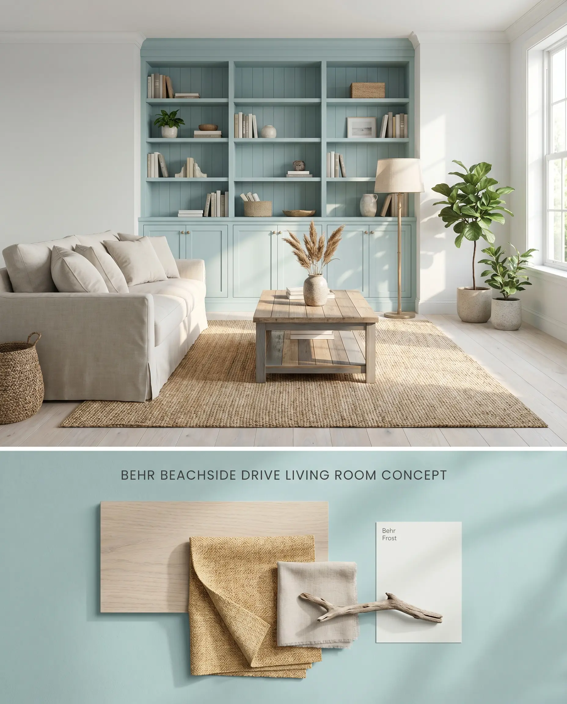 A split digital conceptual board for a coastal living room featuring Behr Beachside Drive on a built-in bookcase on top, and bleached oak, jute, and linen material swatches below.