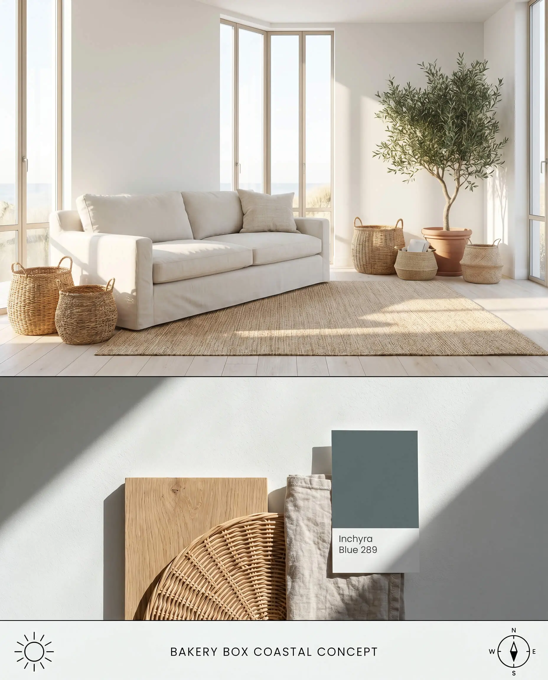 A split digital conceptual board for a coastal living room featuring Behr Bakery Box walls alongside a textured flat-lay of bleached white oak and woven natural rattan.