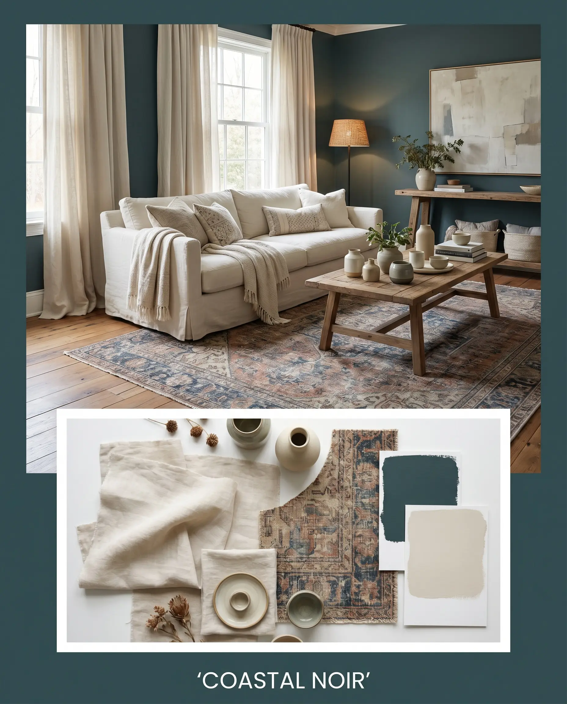 A coastal noir editorial layout showcases a relaxed living space paired with a flat-lay of washed linen fabric swatches, vintage rug fragments, and dark teal paint textures.
