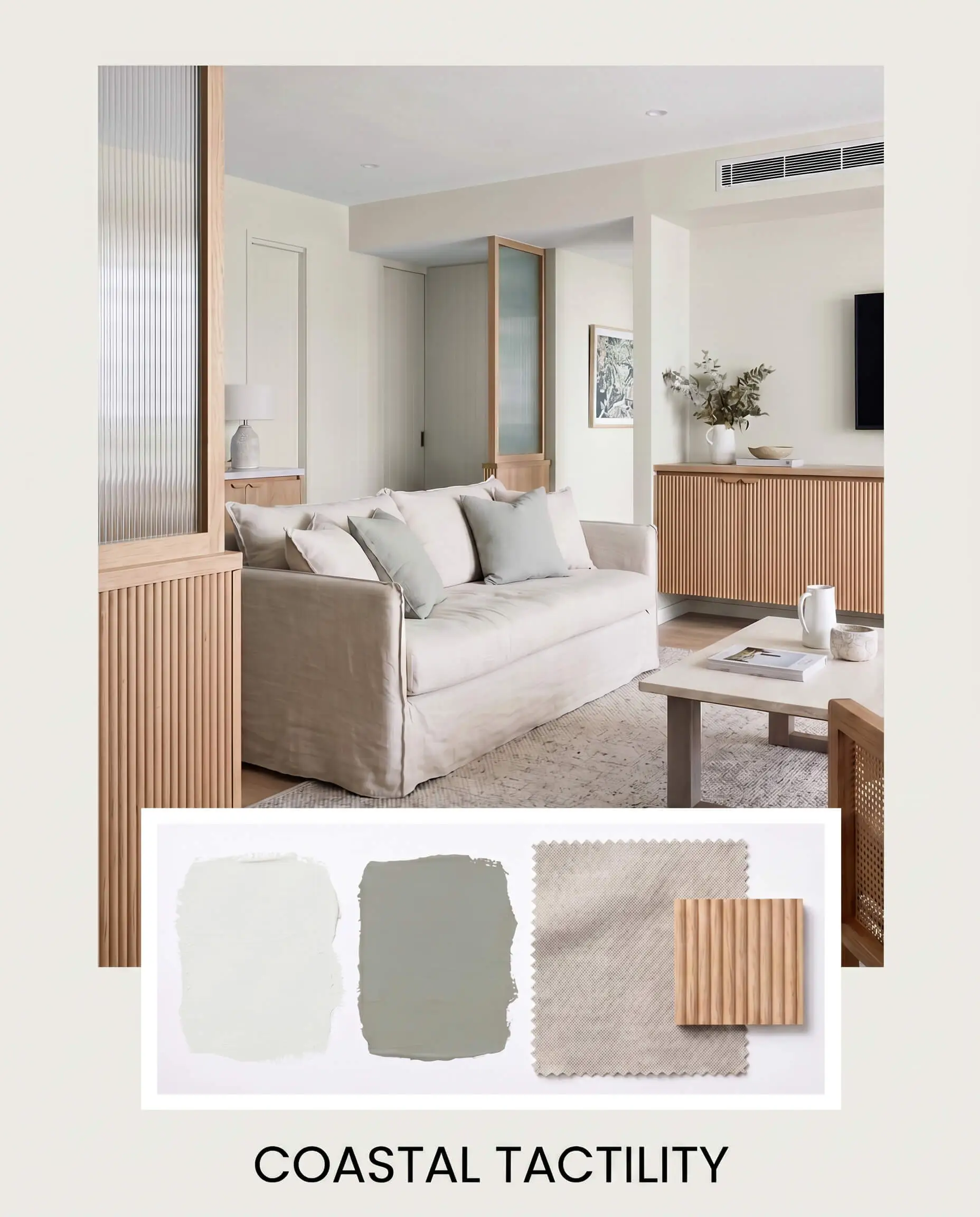 A slipcovered washed linen sofa and raw fluted oak cabinetry anchor a breezy living space above a curated coastal tactility material flat-lay.