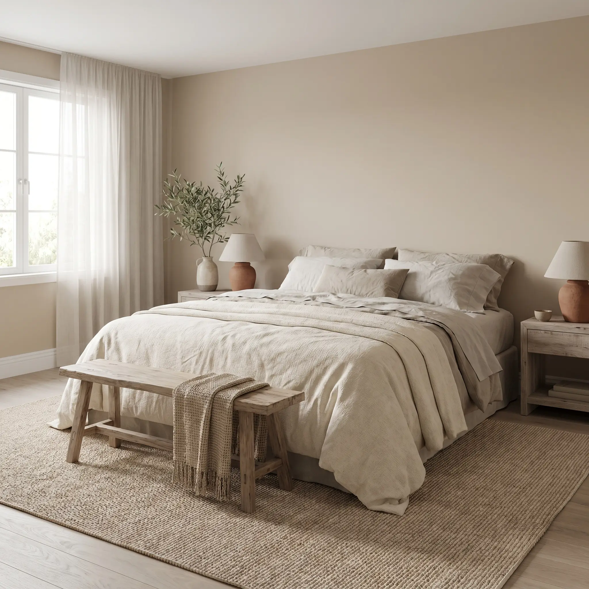 A heavy thick cotton canvas duvet and washed linen sheets rest on a bed surrounded by warm neutral coastal tan walls and rift-sawn oak flooring.