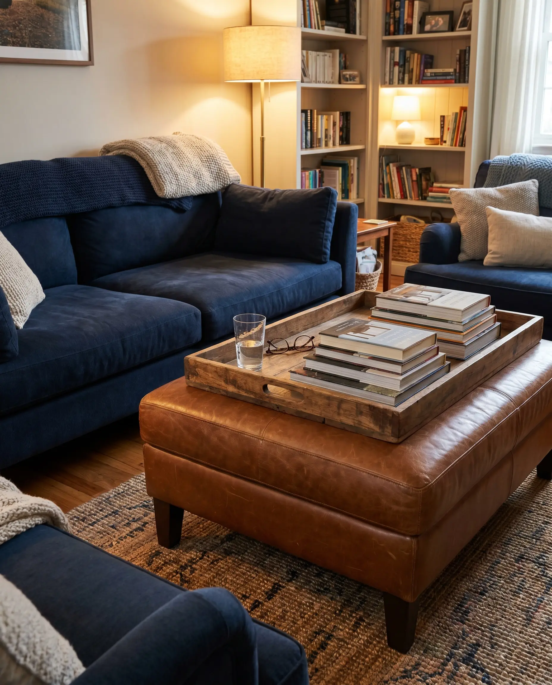 A saddle-brown cognac leather ottoman topped with an oversized wooden tray presents creative coffee tables to match a navy blue sofa in a media room.