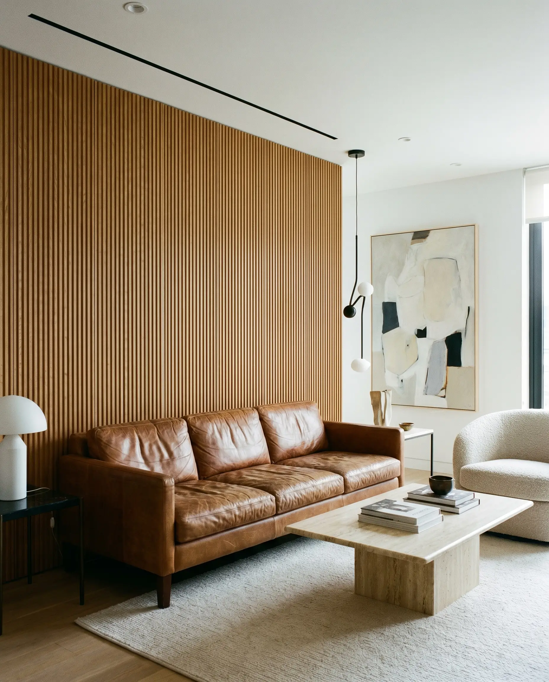 A distressed cognac leather sofa sits visually balanced by delicate half-inch micro-fluted vertical wood panels in a refined contemporary living room.