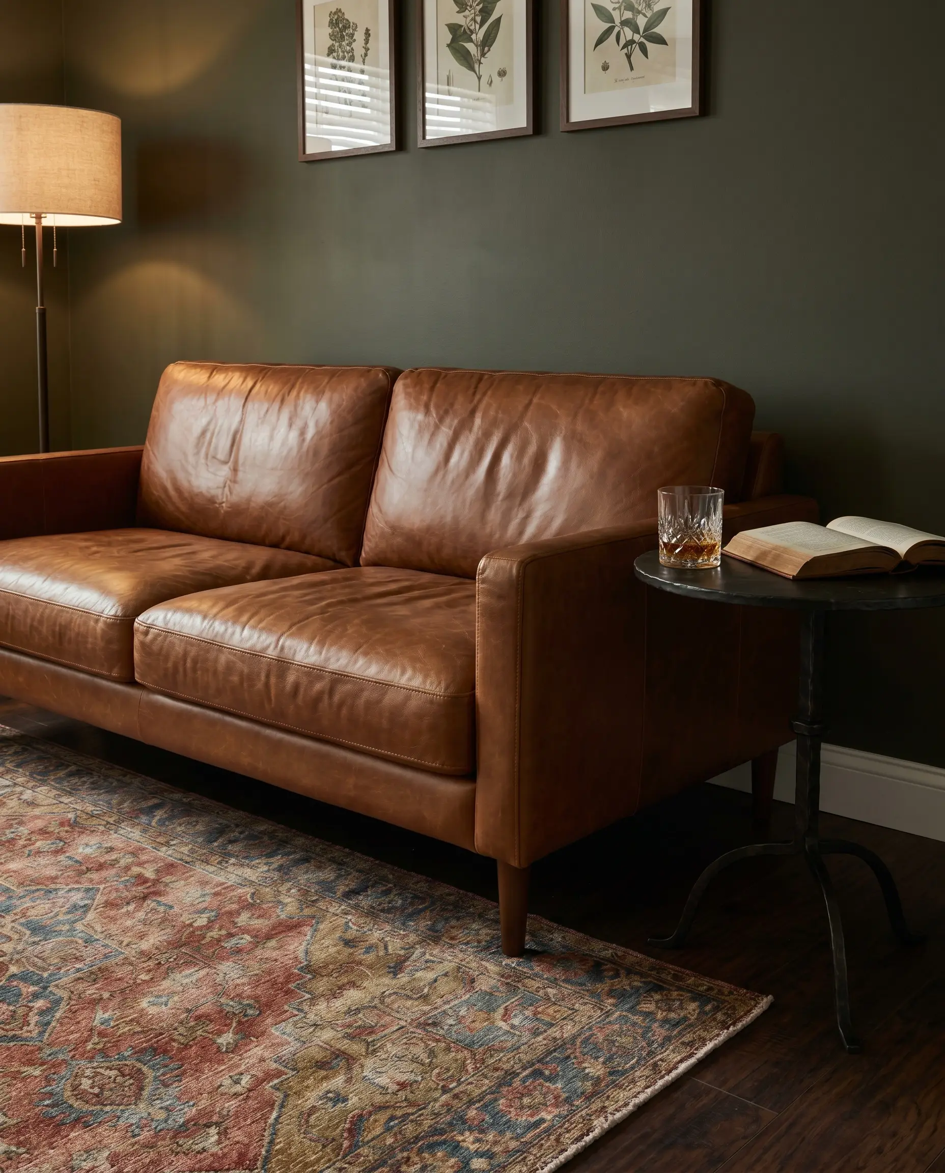 A full-grain cognac leather sofa, patterned vintage rug, and dark metal side table furnish a moody transitional living room with dark green paint.