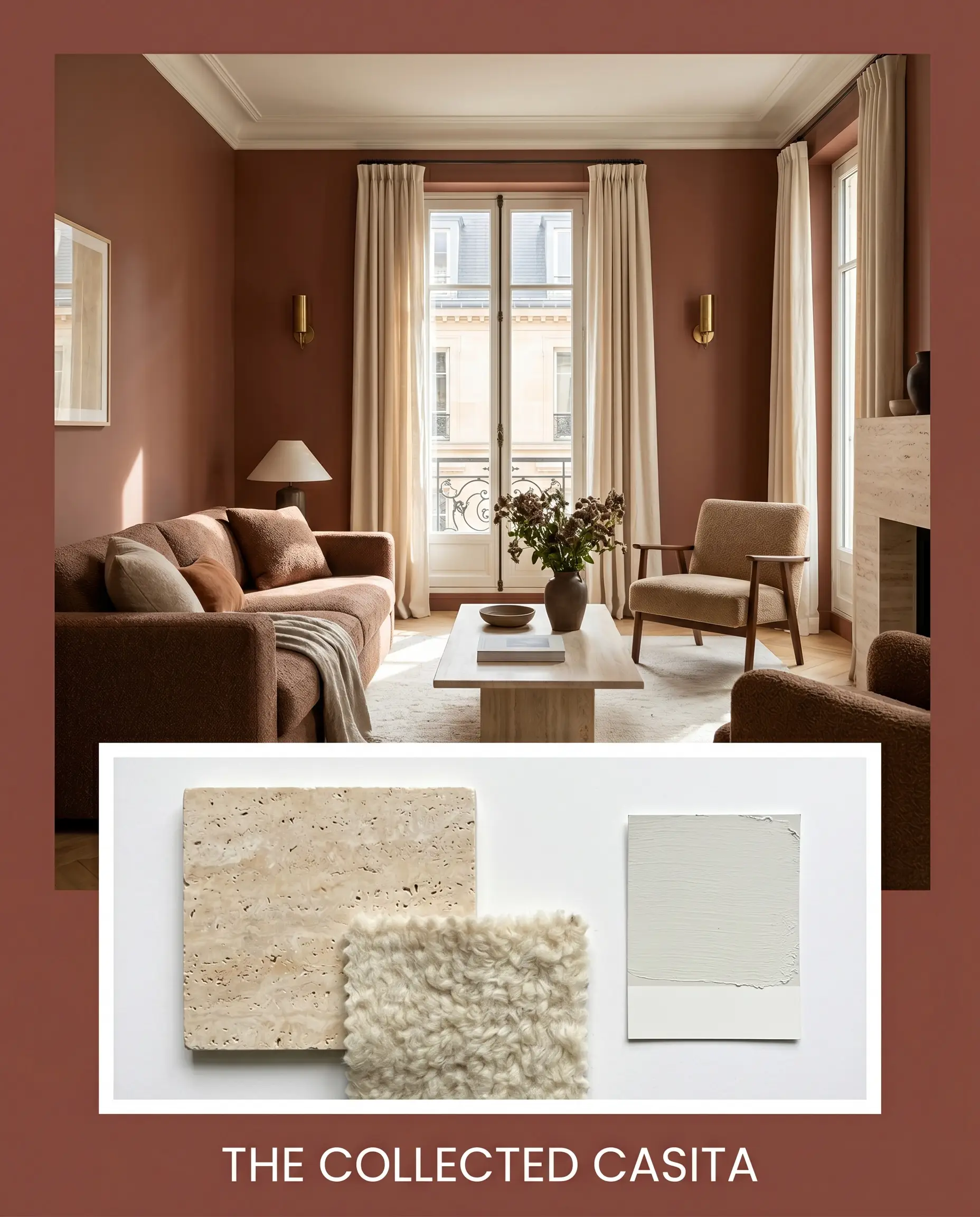 A photorealistic European living room sits above a flat-lay of honed travertine samples, raw wool textiles, and muted clay tone paint swatches.