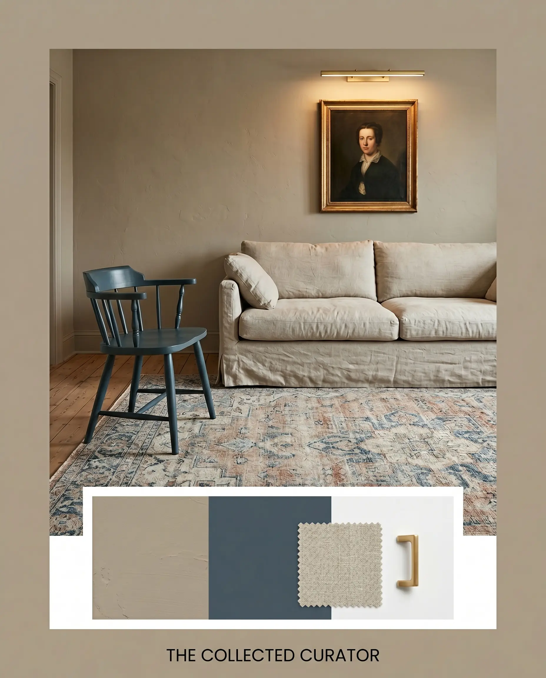 A magazine layout showcases a stony greige living room with a slipcovered linen sofa above a flat-lay containing linen fabric and unlacquered brass hardware.