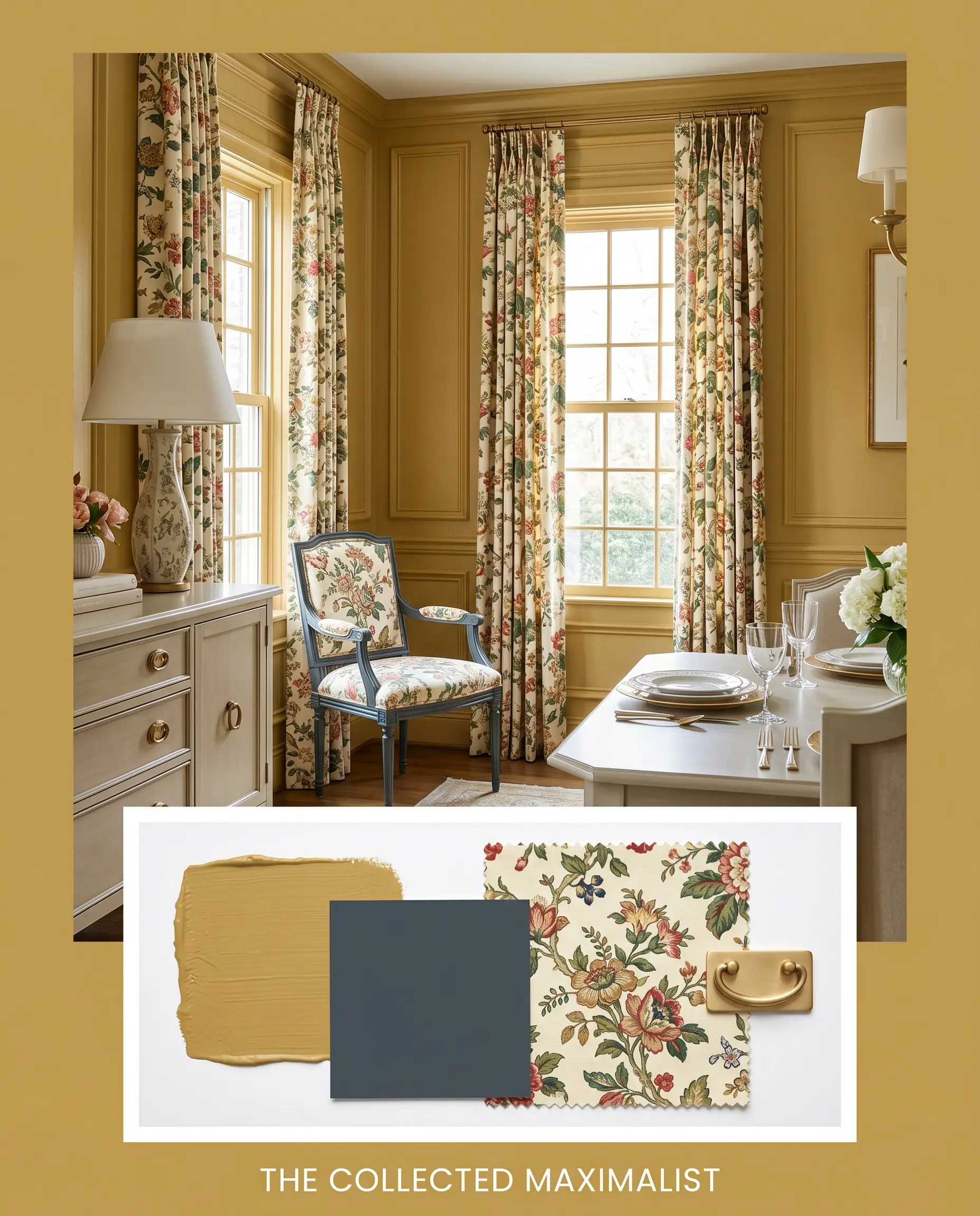 Intricate picture molding frames floral chintz drapery above a curated flat-lay containing a midtone golden yellow texture, dark blue-gray swatches, and an unlacquered brass pull.
