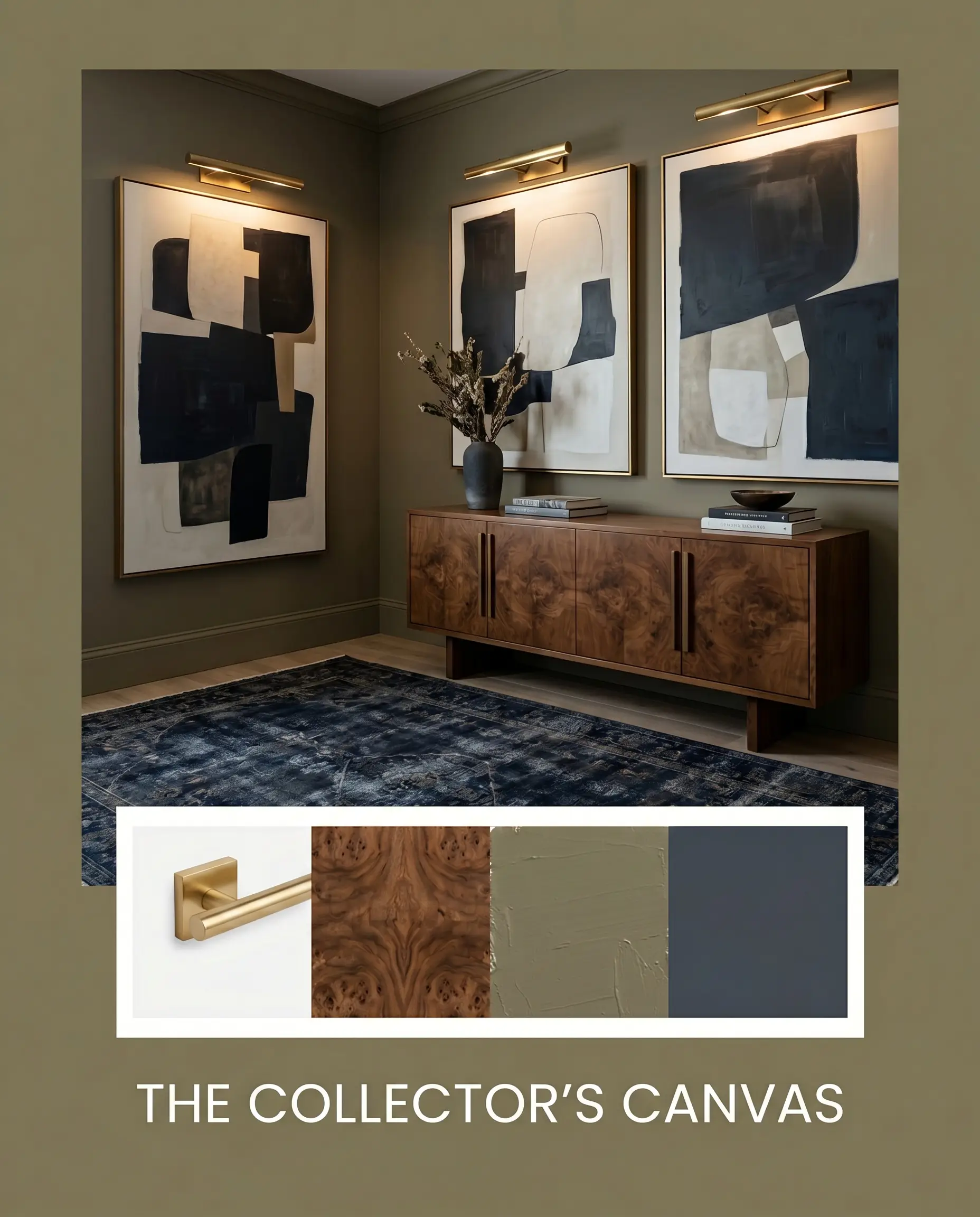 An editorial concept board titled The Collector's Canvas pairs a moody living space with a flat-lay of unlacquered brass hardware and burled walnut wood veneer.