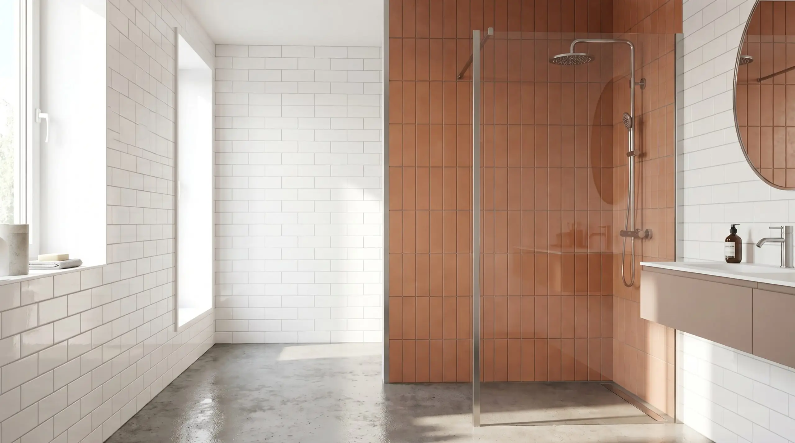 Crisp white ceramic walls transition abruptly to a vertical stack of matte terracotta tiles inside a glass shower enclosure, divided by a metal Schluter profile.
