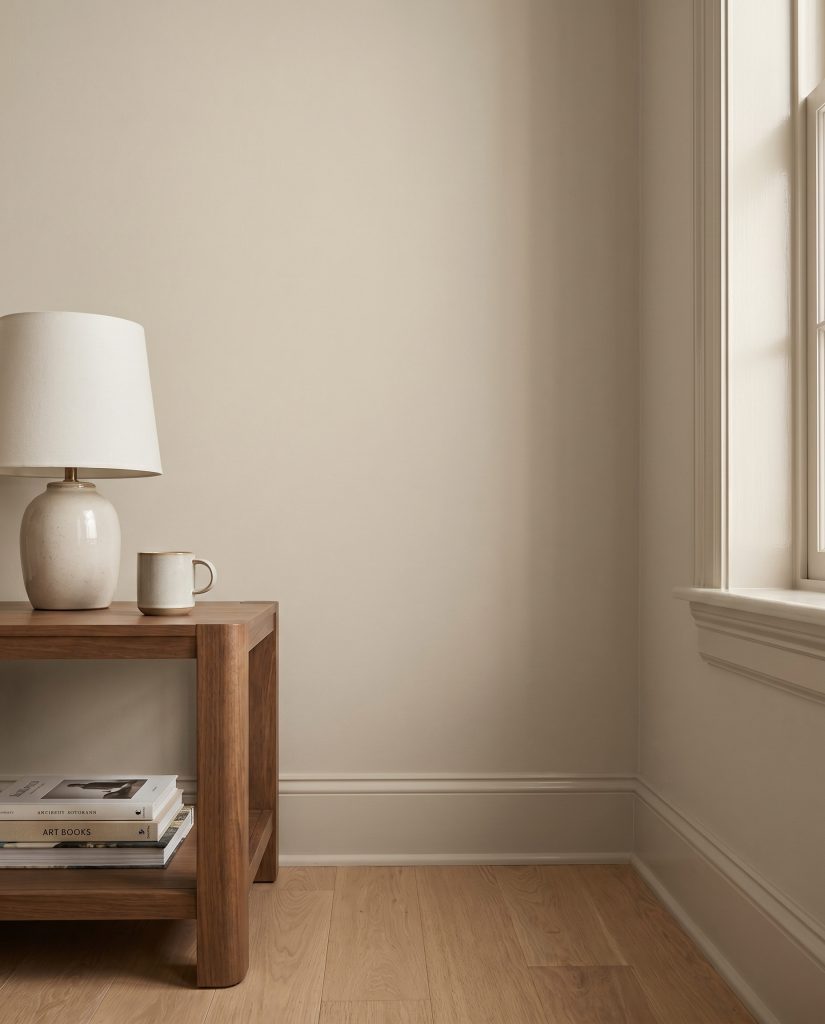 Satin painted baseboards and window casings match the flat walls in this sherwin williams accessible beige living room featuring white oak flooring.