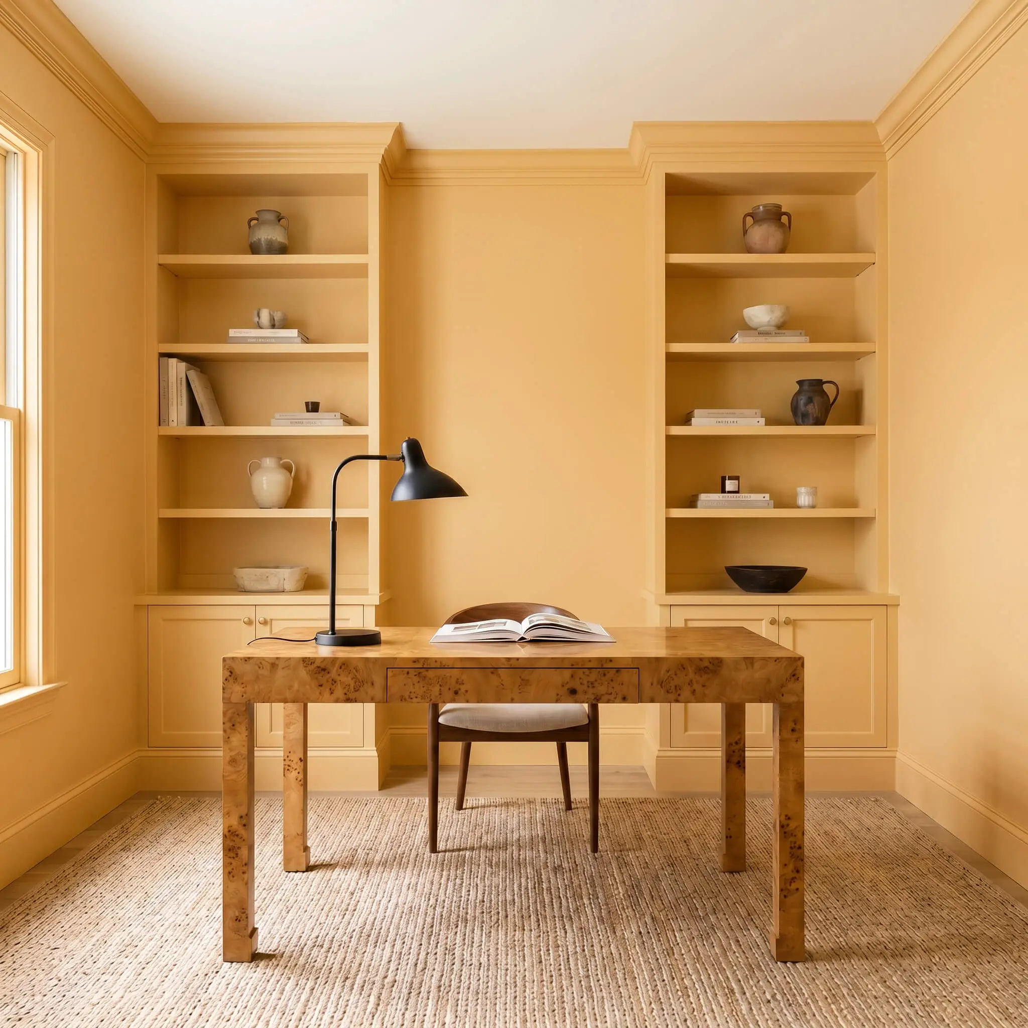 A vintage burl wood desk and matte black iron task lamp sit centered before built-in bookcases color-drenched in Benjamin Moore Natural (Hex #E2AA5F).