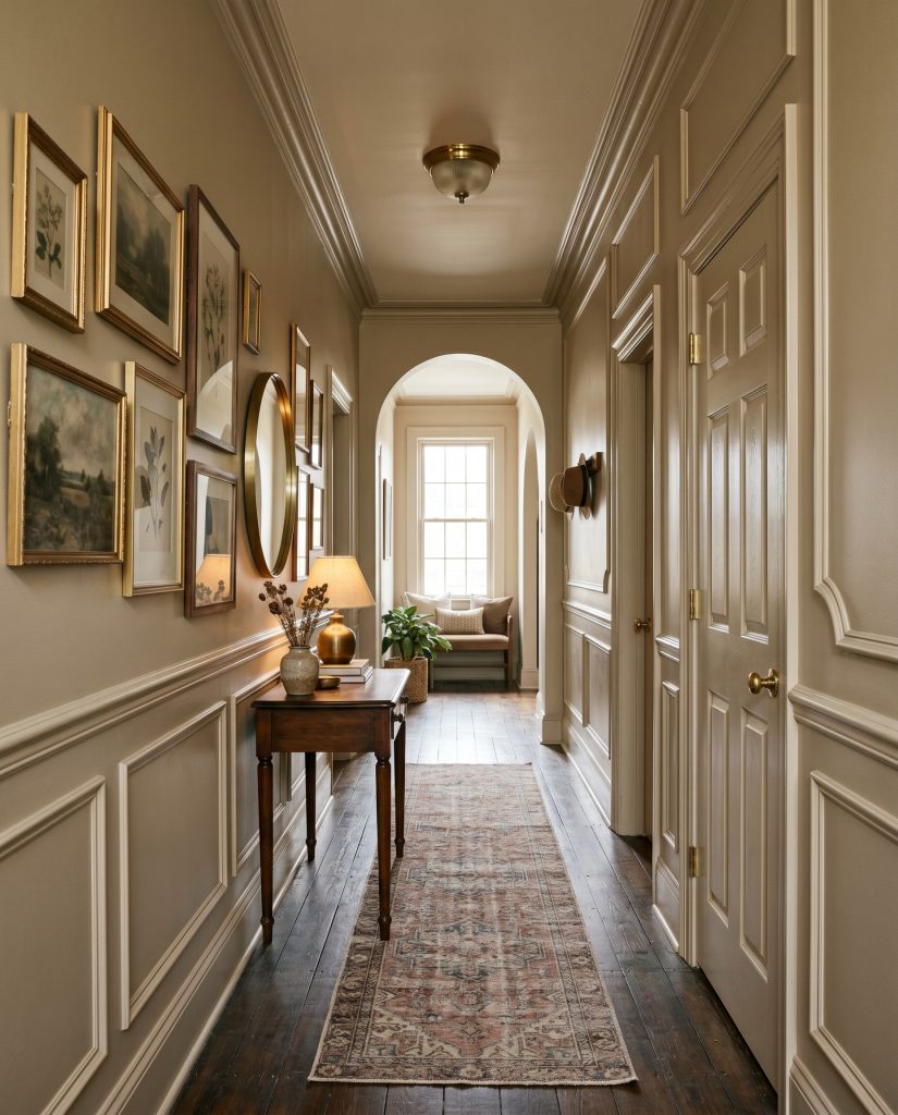 A faded vintage patterned runner rests on dark matte wood floors within a color-drenched entryway corridor featuring original wainscoting and an asymmetrical gallery wall.