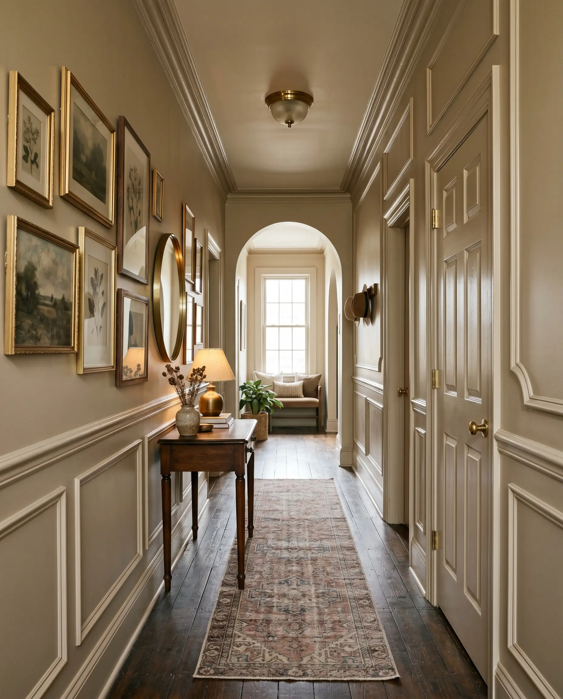 A faded vintage patterned runner rests on dark matte wood floors within a color-drenched entryway corridor featuring original wainscoting and an asymmetrical gallery wall.