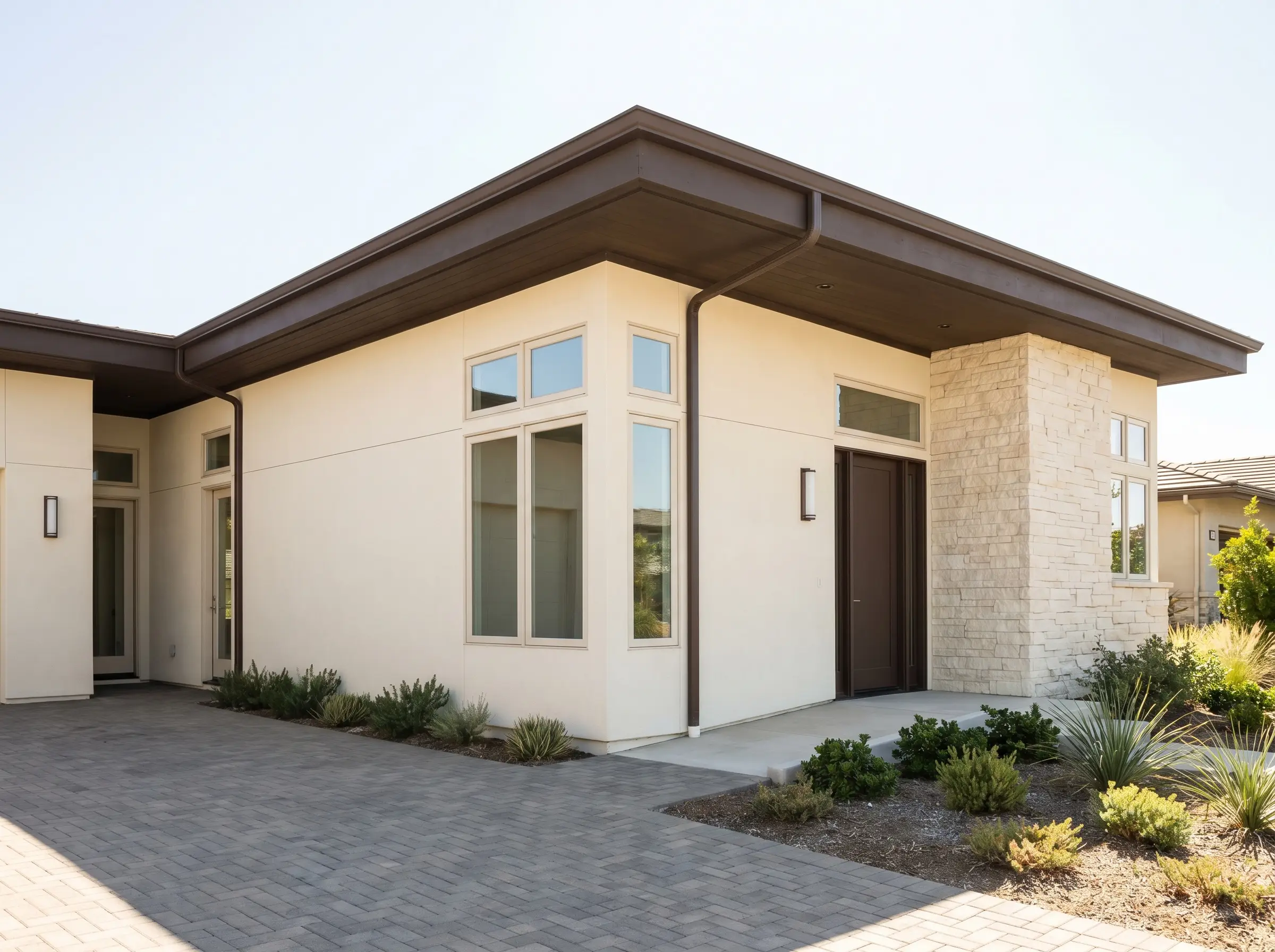 A unified cream siding and masonry facade is sharply outlined by Midsummer Night chocolate brown painted wood roofline fascia and color-matched gutters.