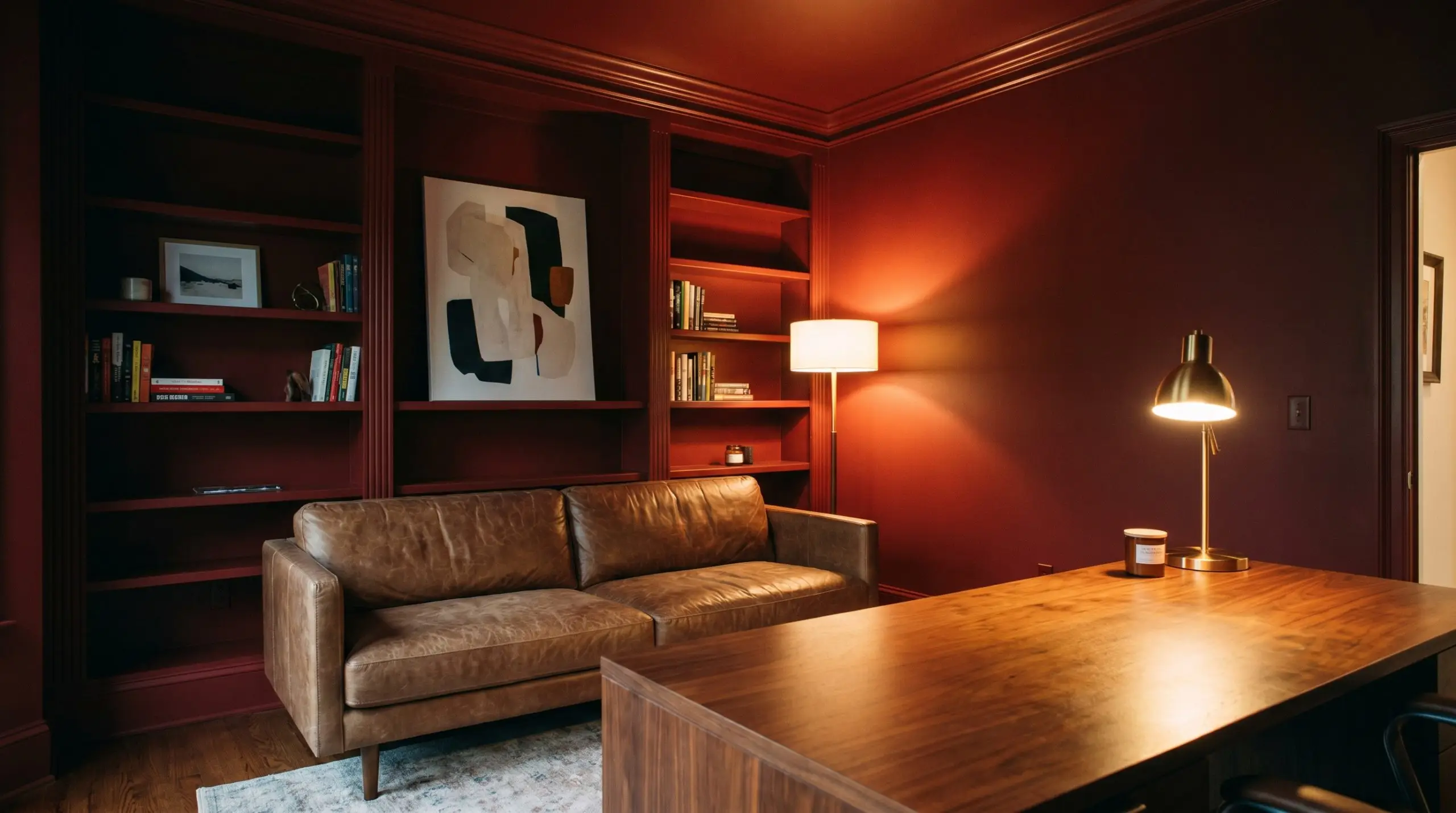A fully color-drenched study wraps the baseboards, built-in bookcases, and walls in a rich red hue, framing a distressed leather sofa and a rich walnut desk.