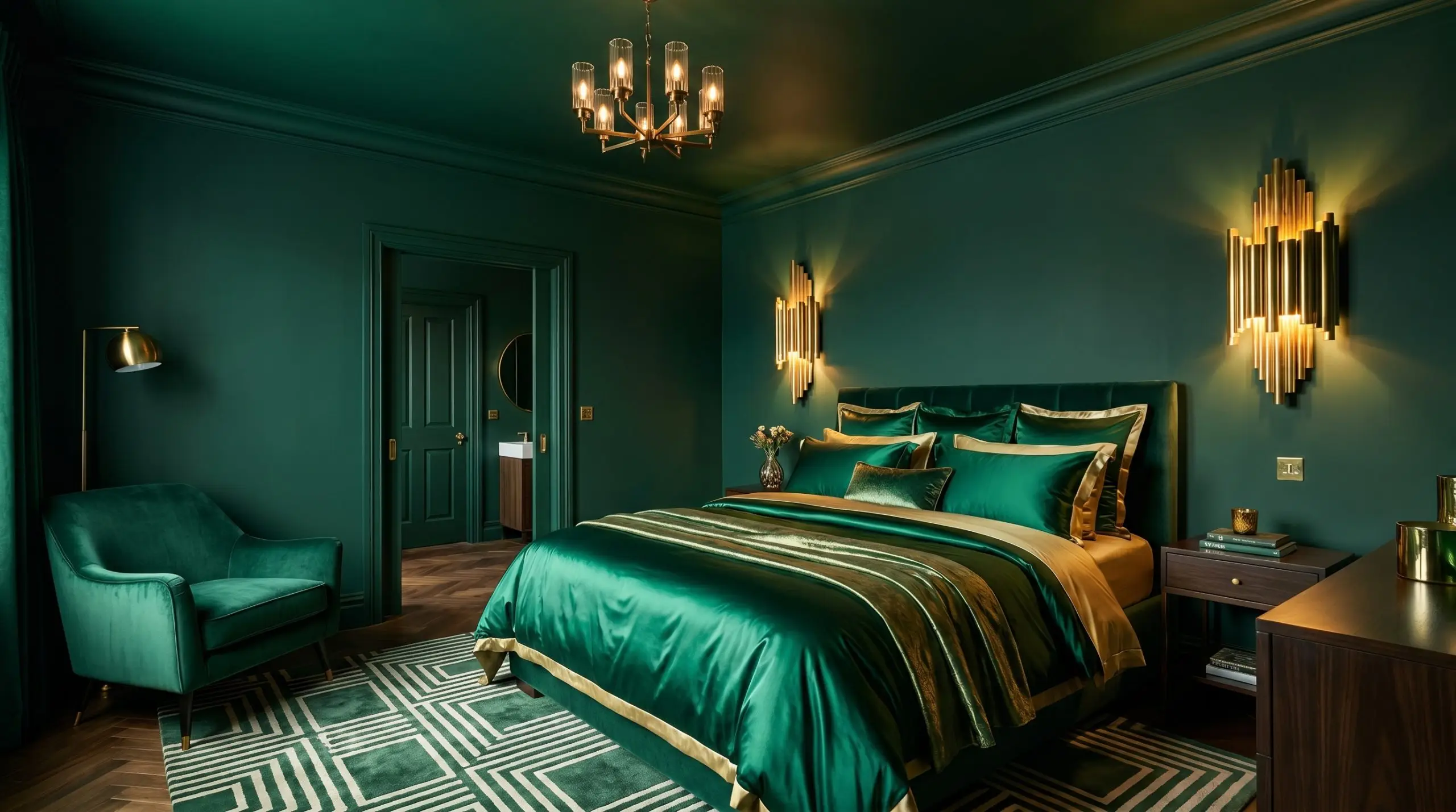 An emerald green color-drenched art deco bedroom features painted walls and ceilings anchoring a bed dressed in reflective silk and satin bedding.