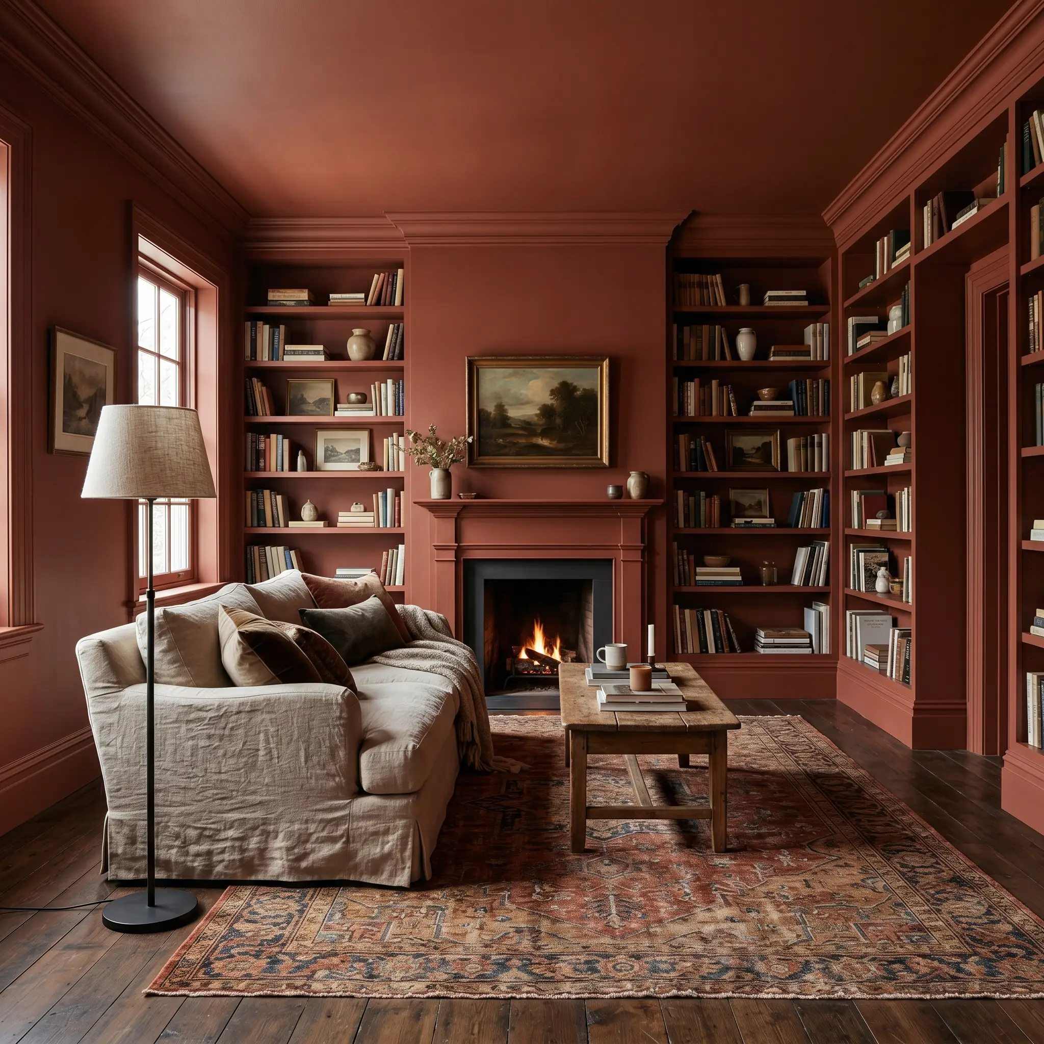A cozy den features a grounding accent wall of built-in bookcases, a distressed tonal rug, and a slipcovered washed linen sofa.
