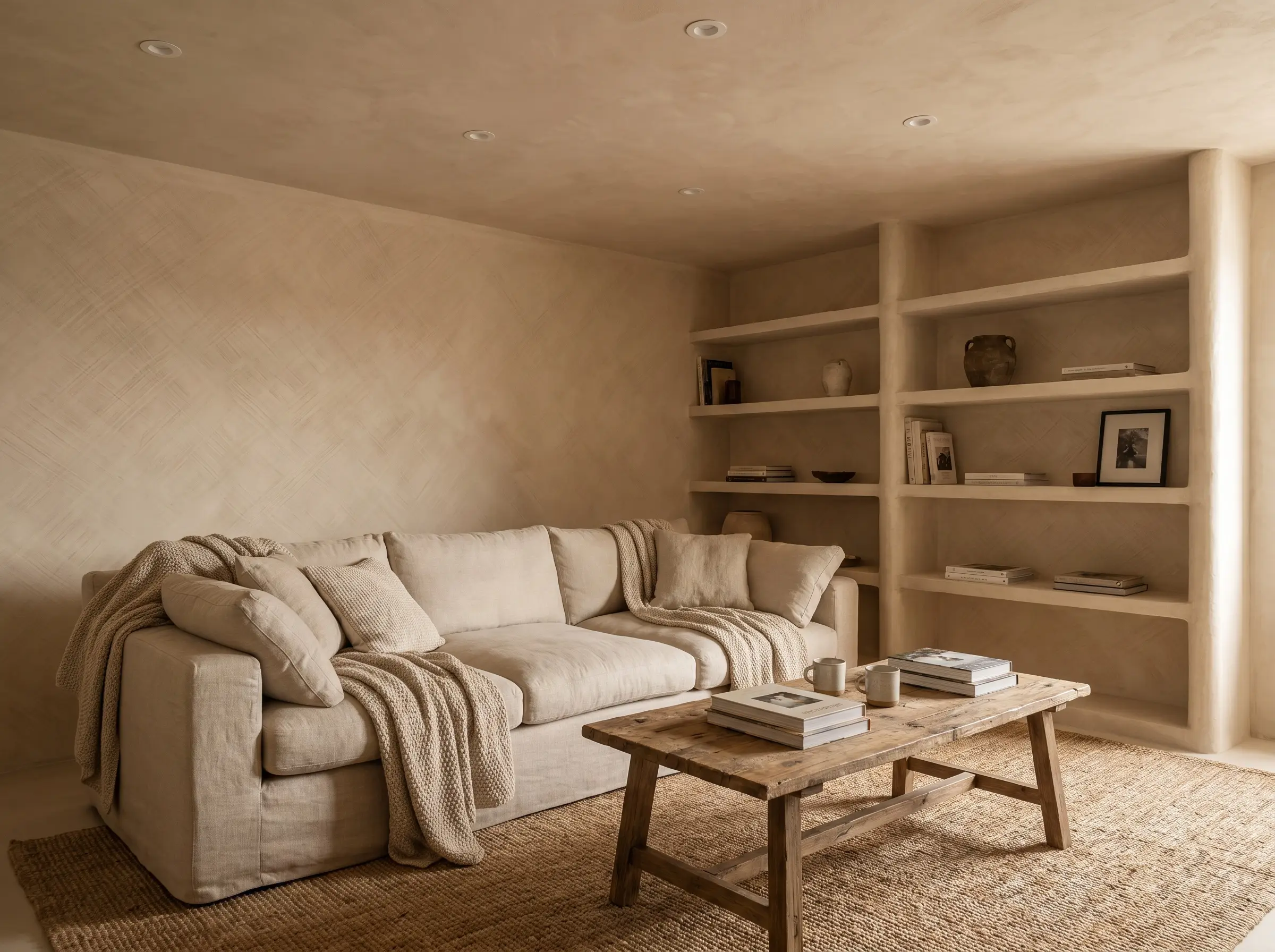 A comfortable sectional sofa and wood coffee table anchor a color-drenched limewash wall living room where the chalky beige mineral paint wraps the ceiling.