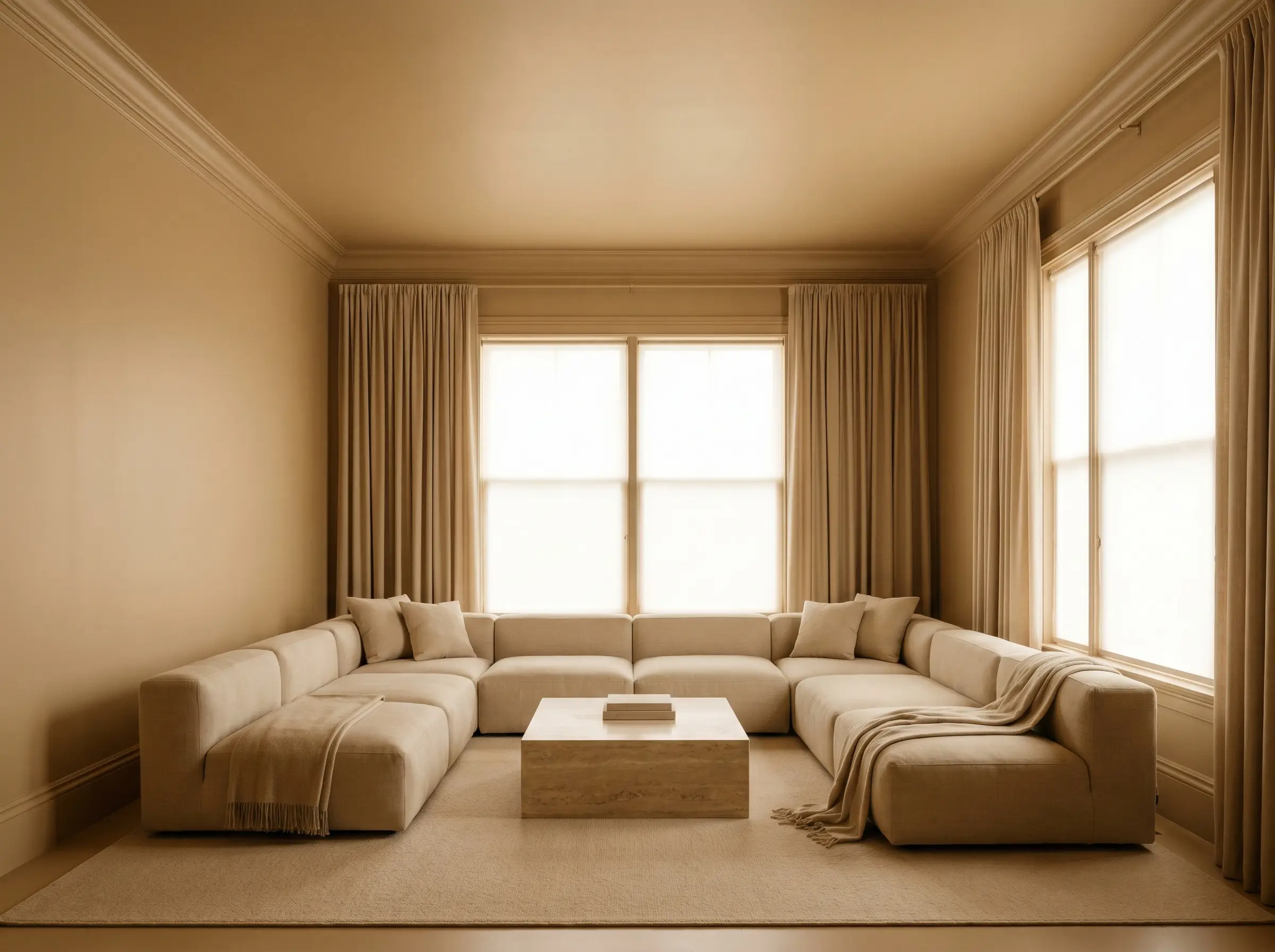 A low-profile linen modular sofa and monolithic travertine coffee table sit within a seamlessly color-drenched space featuring matching beige wall paint, baseboards, and ceilings.