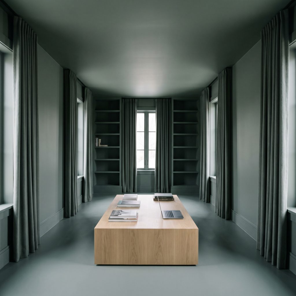 A tonal modern library features built-in bookcases and baseboards color-drenched in a dense moody grey-green surrounding a white oak plinth coffee table.