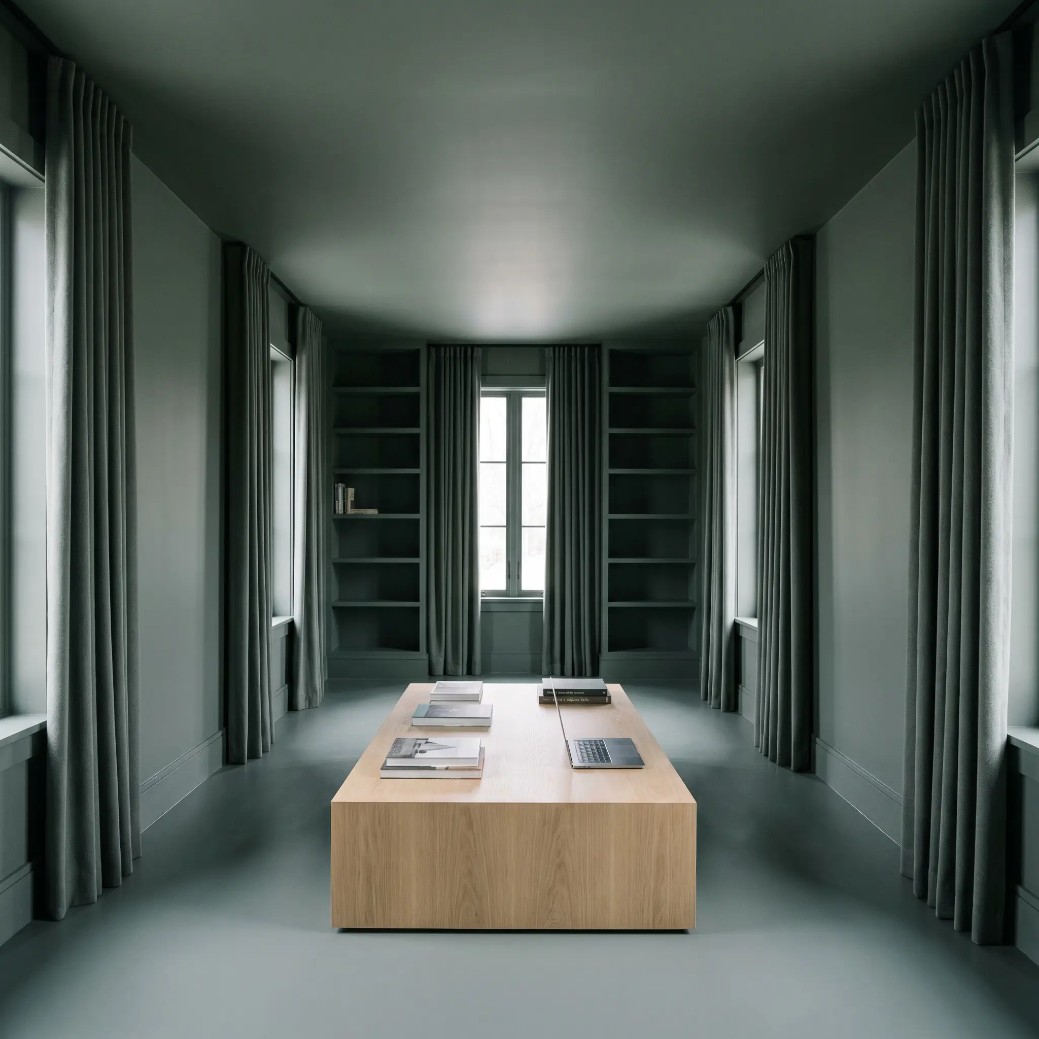A tonal modern library features built-in bookcases and baseboards color-drenched in a dense moody grey-green surrounding a white oak plinth coffee table.