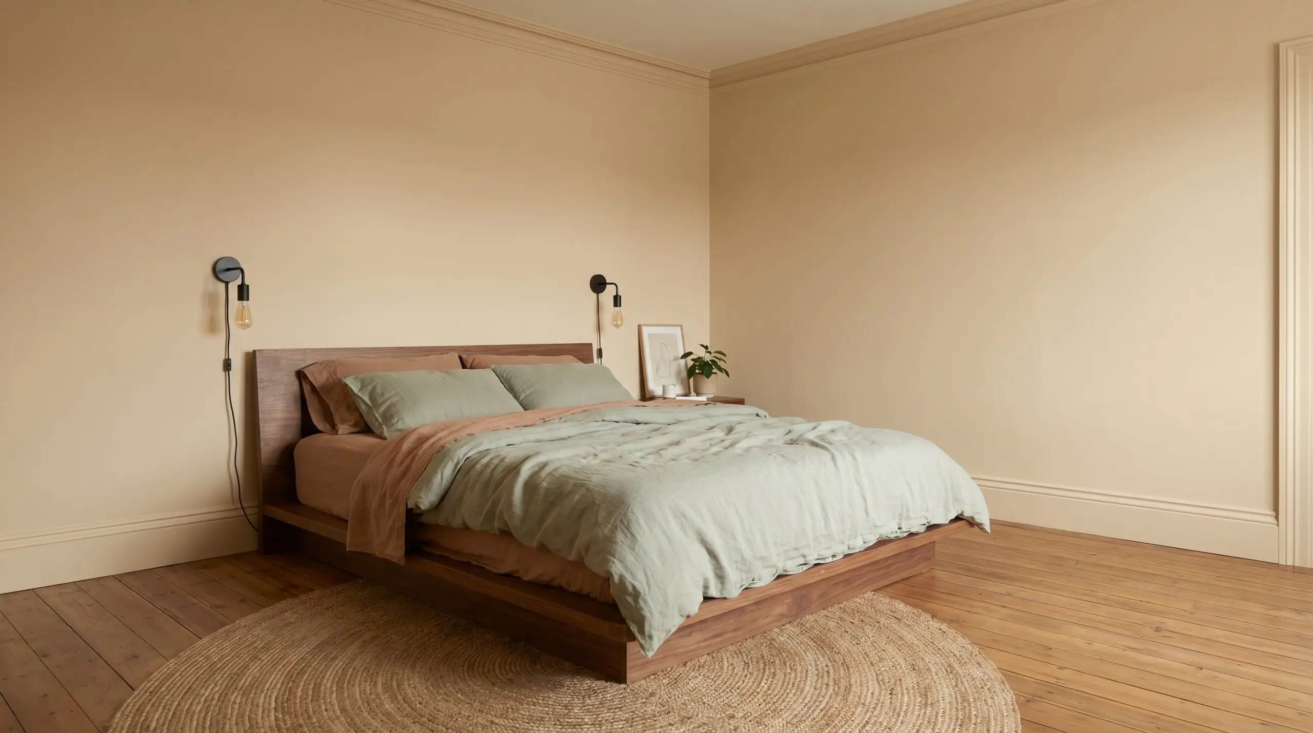 A continuous color-drenched bedroom painted in Benjamin Moore Philadelphia Cream (Hex #EDDDB7) features a low-profile walnut bed layered with sage green and terracotta linen sheets.
